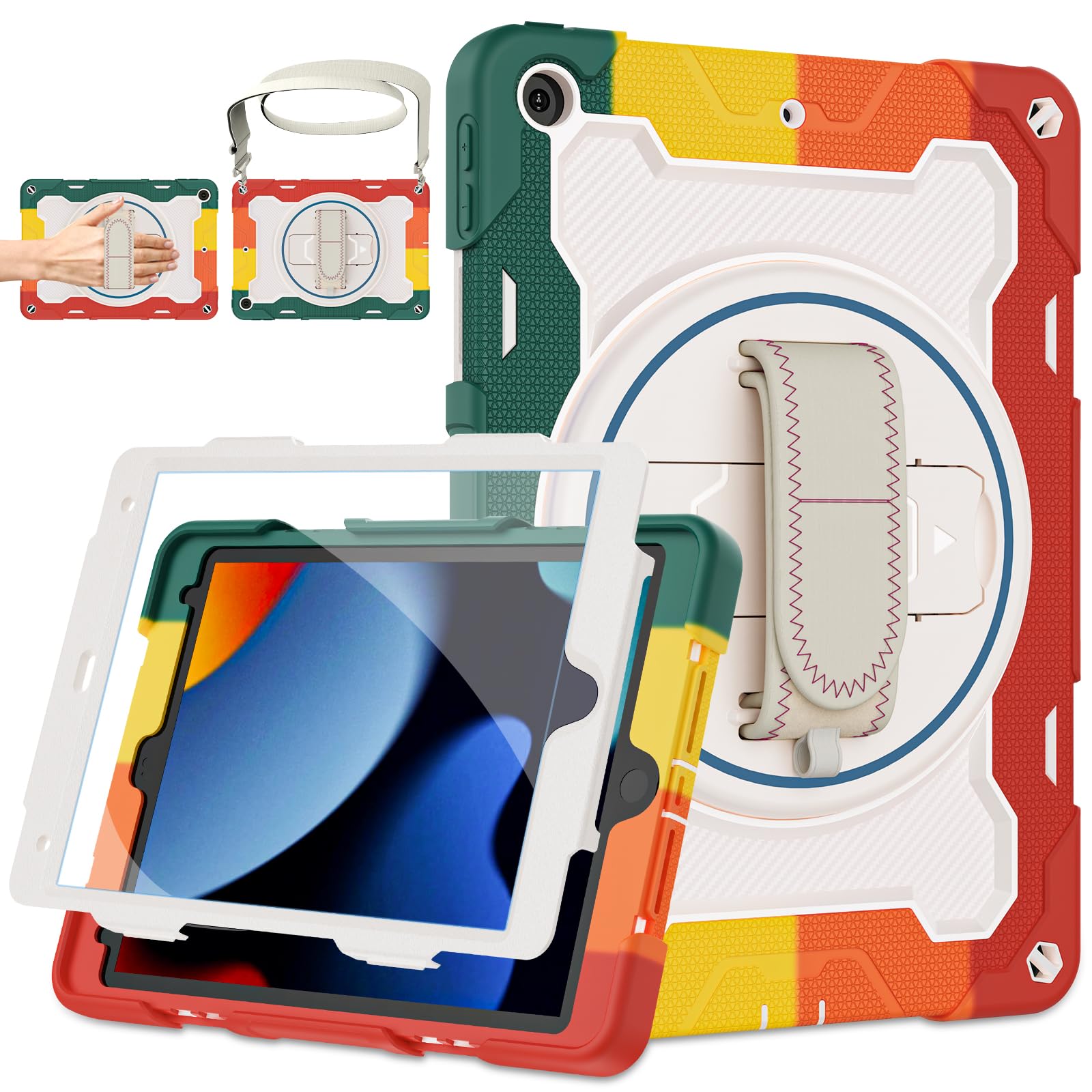 Shockproof iPad Case for Kids - Compatible with iPad 10.2 inch (9th/8th/7th Gen 2021/2020/2019) | Includes Screen Protector, Rotating Stand, Hand Strap, Shoulder Strap & Pencil Holder | Perfect for School, Travel & Outdoor Activities