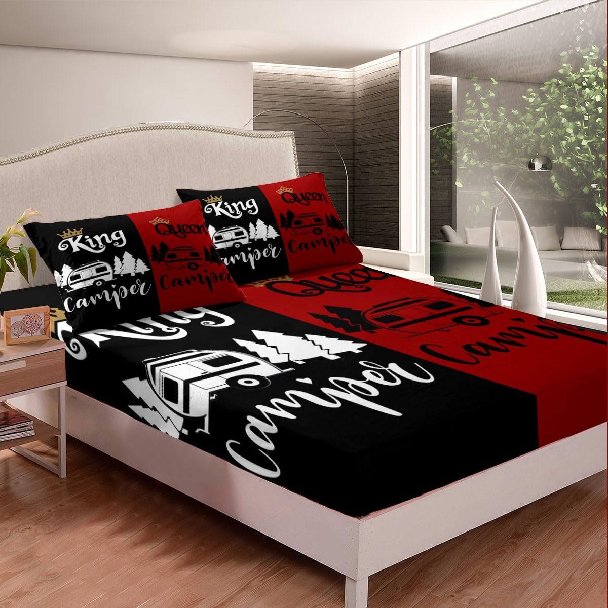 Camper Fitted Sheet Set - Queen & King Size Waterproof Camping Bedding | Happy Camping Gift for Couples, Newlyweds & Engagement | Perfect for RV, Tent & Outdoor Adventures
