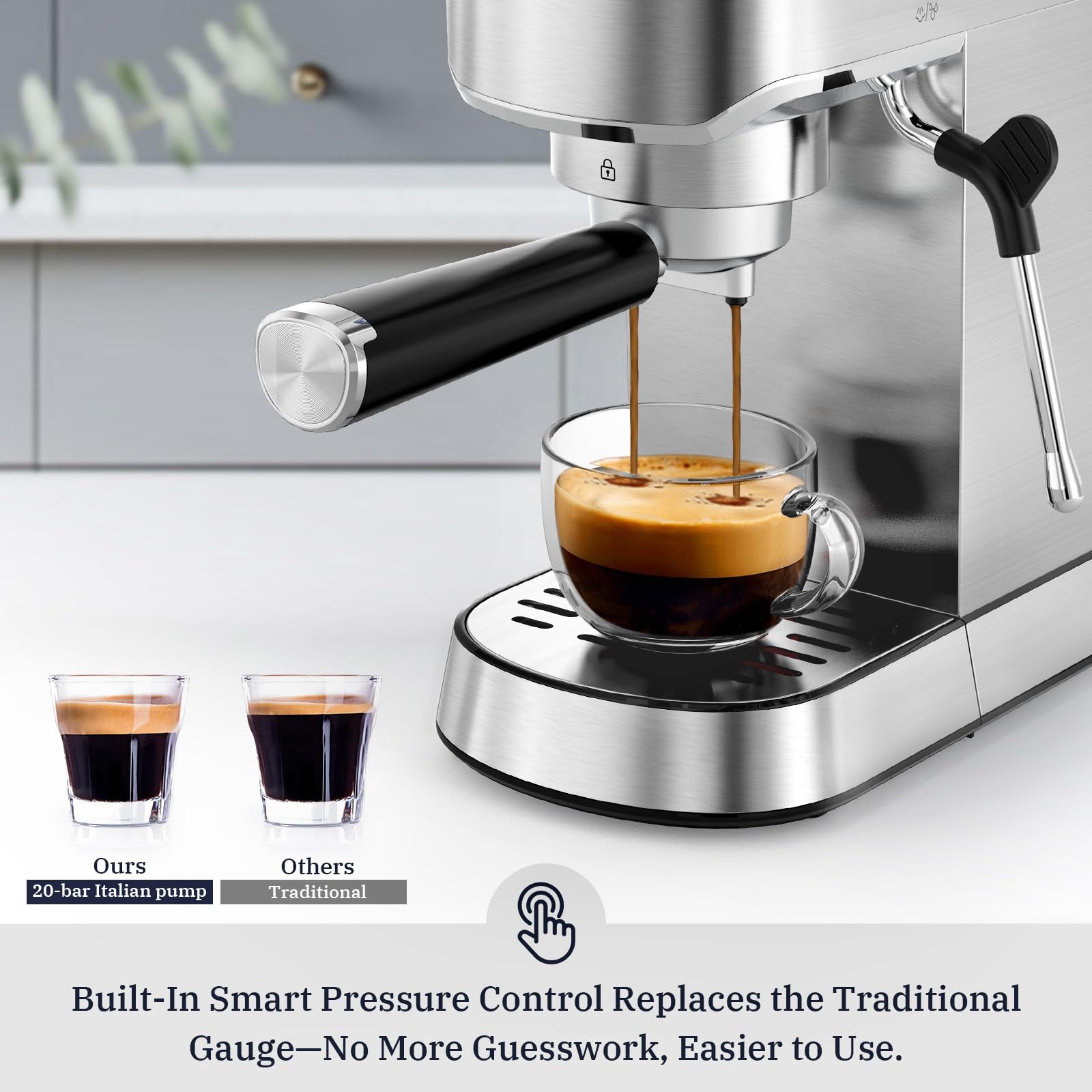 Premium 20 Bar Espresso Coffee Machine with Milk Frother - Compact Stainless Steel Coffee Maker for Cappuccino & Latte - 34oz Removable Water Tank - Perfect for Home, Office, and Small Cafes