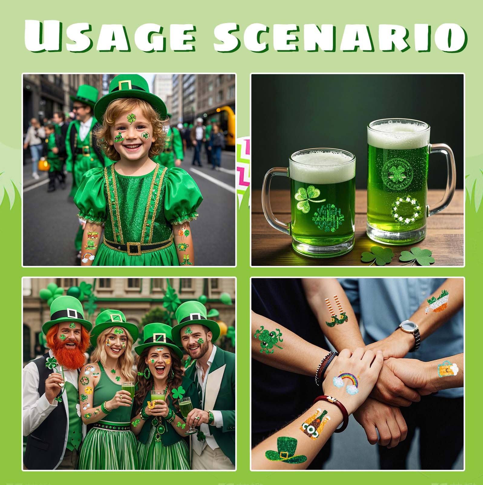 48Pcs St Patrick's Day Temporary Tattoos & Stickers - Shamrock, Green Glitter Face Tattoos for Irish Party Decorations - Perfect for St Patrick's Day Celebrations, Parades, and Irish-Themed Events