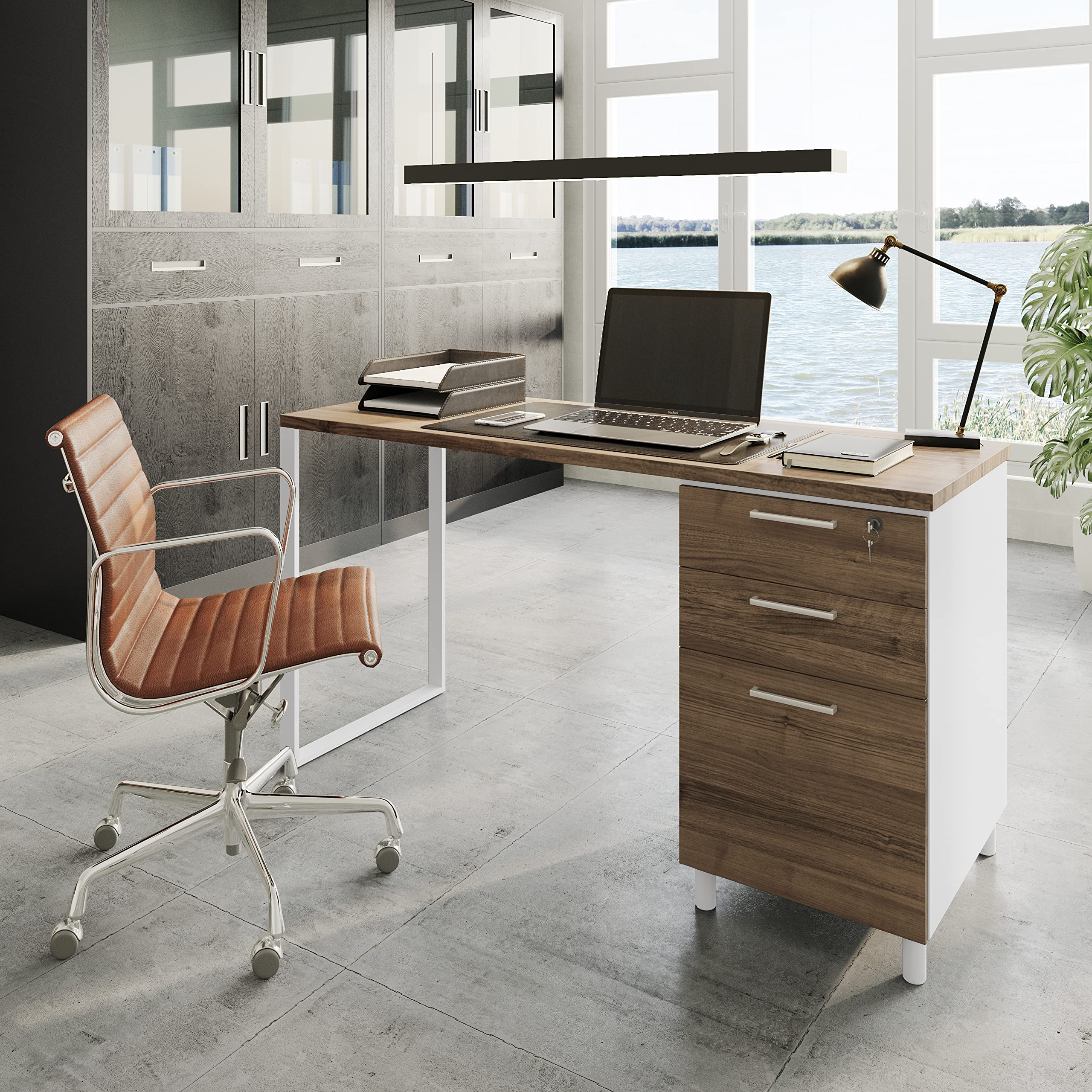 Modern Milano Office Desk with 3 Locking Drawers - 48 Inch White & Walnut Computer Desk with Filing Storage - Home Office Furniture for Small Spaces & Remote Work