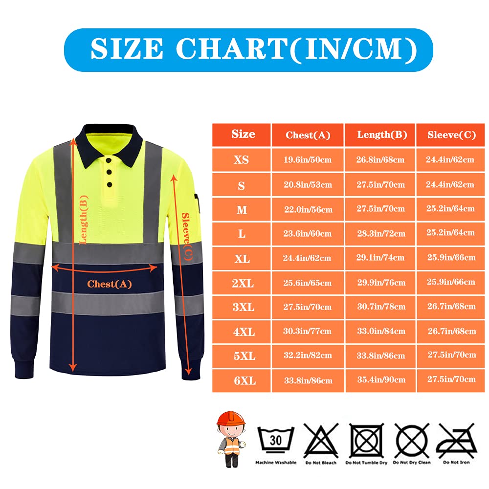 High Visibility Safety Polo Shirt with Custom Logo - Long Sleeve Reflective Workwear for Construction, Road Crew & Outdoor Jobs