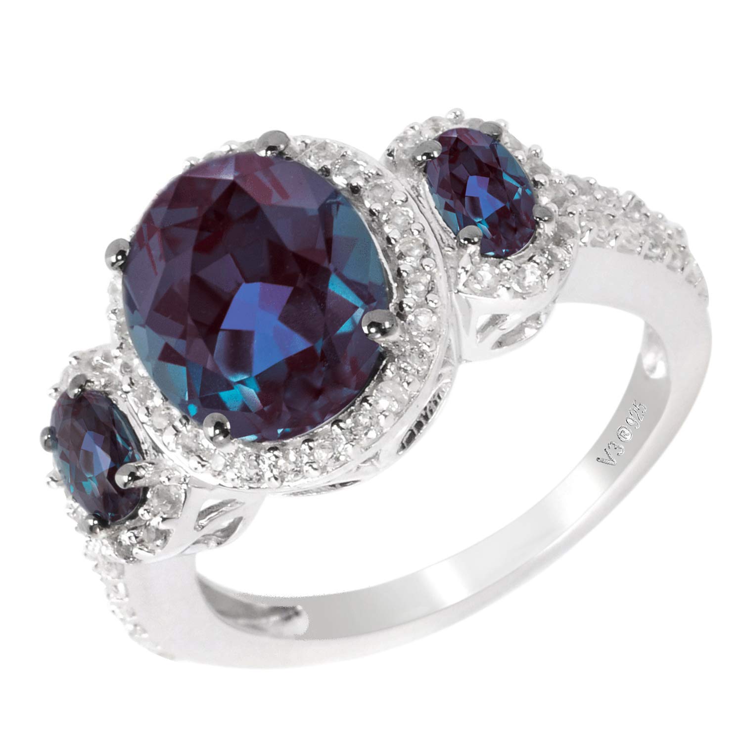925 Sterling Silver Women's Ring with 5 CTTW Oval-Cut Color Changing Alexandrite & Natural White Topaz | Elegant 3-Stone Jewelry for Engagement, Anniversary & Special Occasions