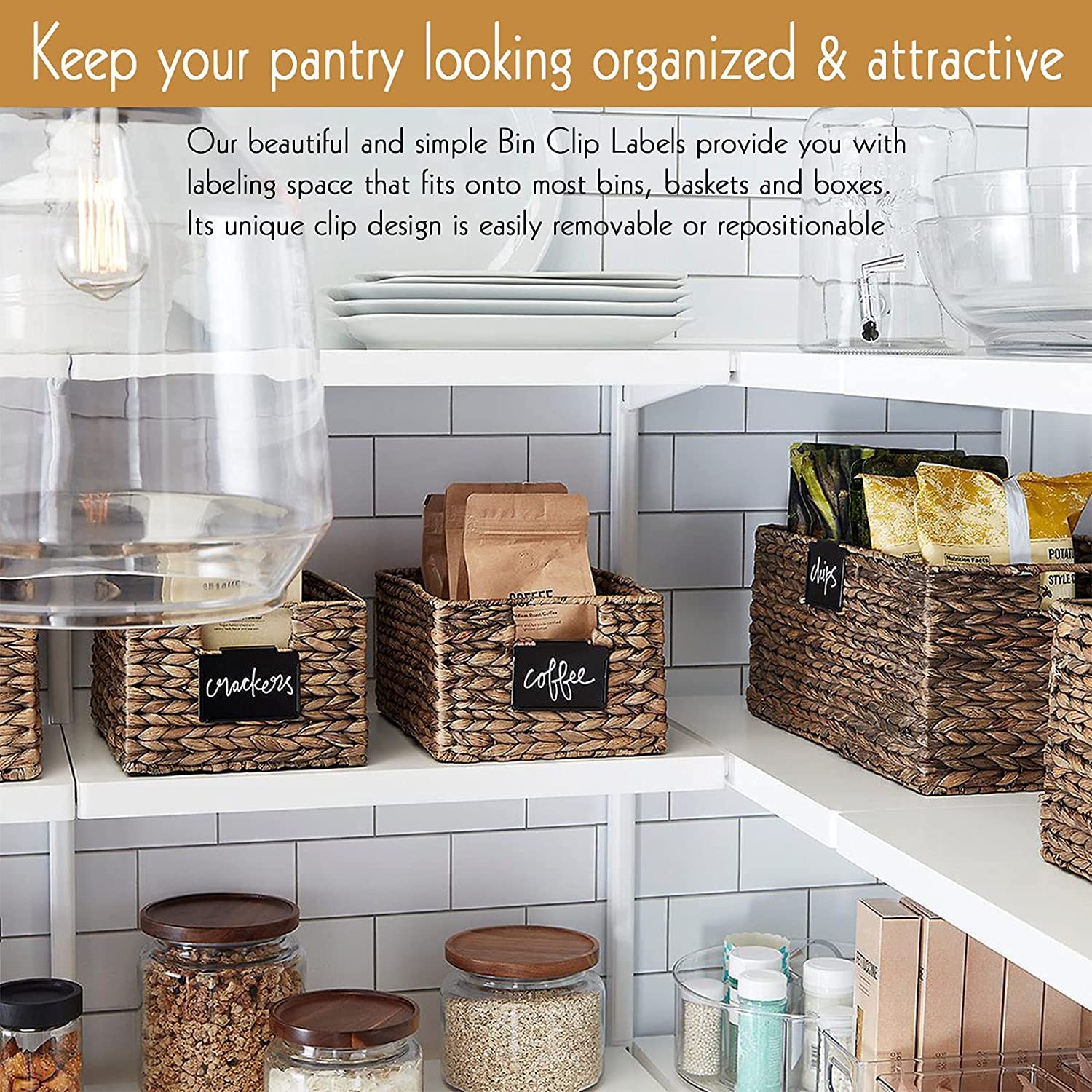Metal Pantry Basket Labels with Chalkboard Clips - 30 Black Holders + 4 White Chalk Markers for Kitchen Organization & Storage Bin Labeling - Perfect for Pantry, Spice Jars, and Home Organization