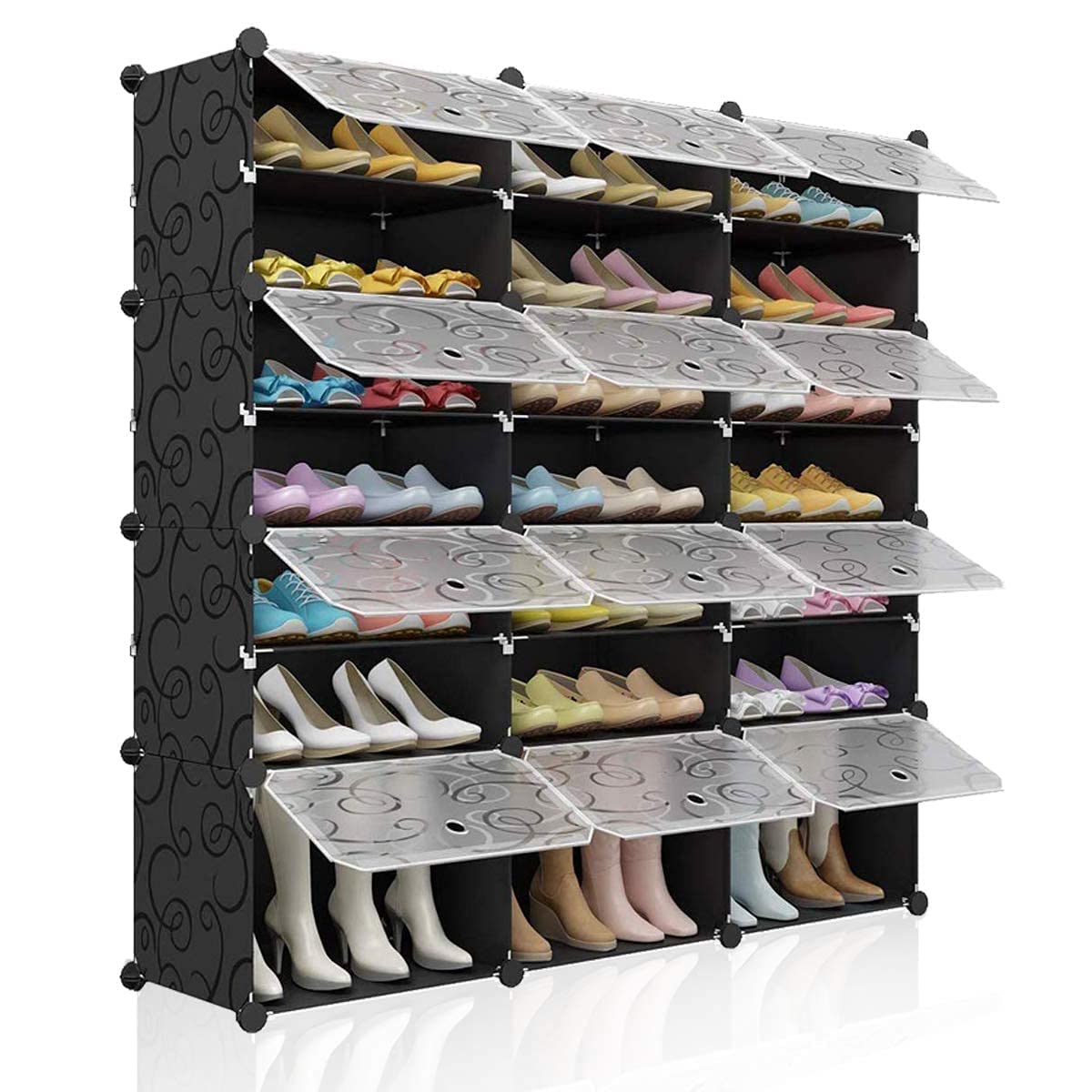 MAGINELS 48-Pair Shoe Storage Organizer Cabinet with Door - Large DIY Plastic Detachable Shoe Rack for Entryway, Bedroom, Closet - Space Saving Shoe Shelf for Men, Women & Kids (Black) | Perfect for Small Spaces & Shoe Organization