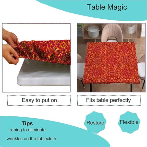 Boho Floral Square Fitted Tablecloth - Red Orange Yellow Waterproof Elastic Table Cover for 54x54 Inch Tables | Perfect for Indoor Family Banquets, Dinner Parties & Boho Home Decor