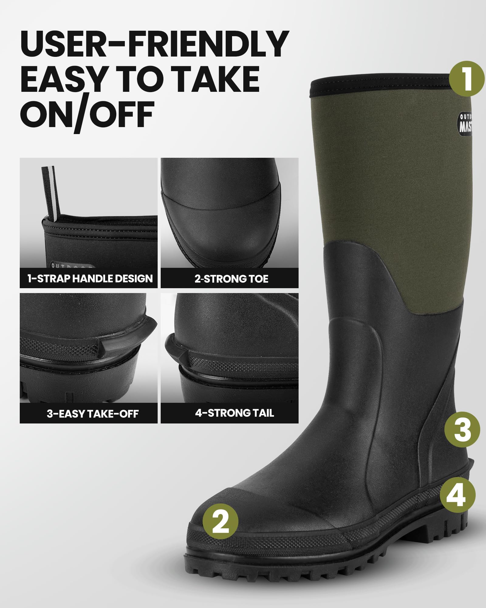 OutdoorMaster Men's Waterproof Hunting Boots - Insulated Rubber Neoprene Boots for Winter with Anti-Slip Sole | Ideal for Hunting, Fishing, Hiking & Outdoor Adventures