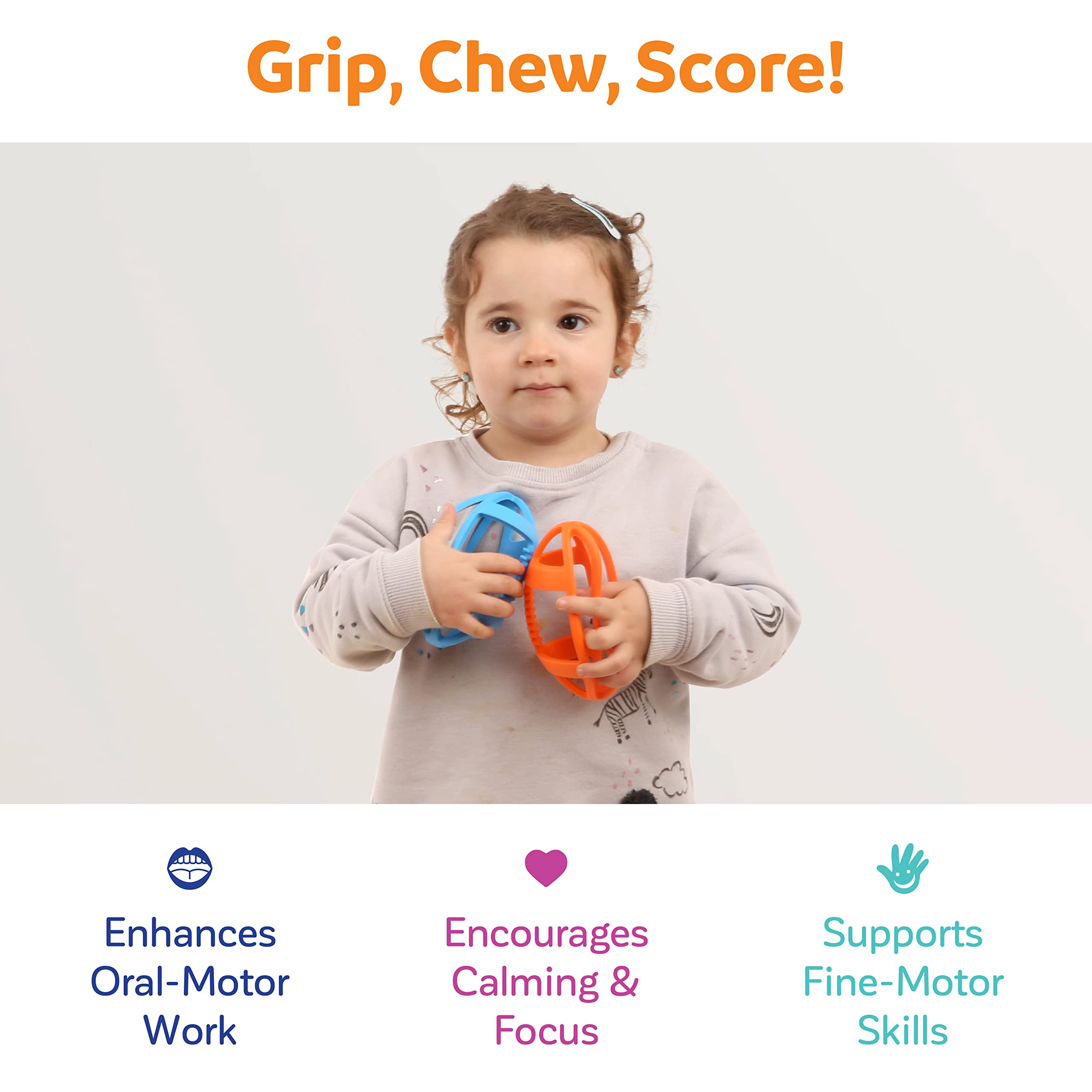 Fun and Function Grip It Football Chewy & Fidget Set - Sensory Chew Toys for Kids with Autism, ADHD & Anxiety Relief - BPA-Free Oral Motor Therapy Toys for Toddlers & Babies (2 Pack) - Perfect for Teething, Stress Relief & Classroom Focus