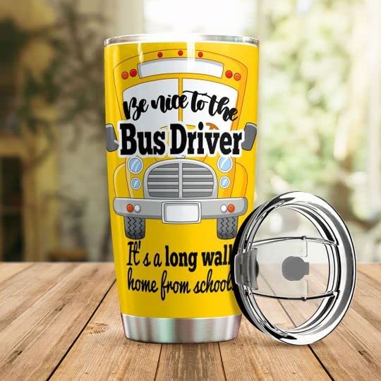 Custom Insulated Stainless Steel Tumbler with Lid - Personalized School Bus Design & 'Be Nice To The Bus Driver' Quote - Perfect Gift for Bus Driver Appreciation (Men/Women) - Ideal for Coffee, Tea or Cold Drinks at School, Work or On-The-Go