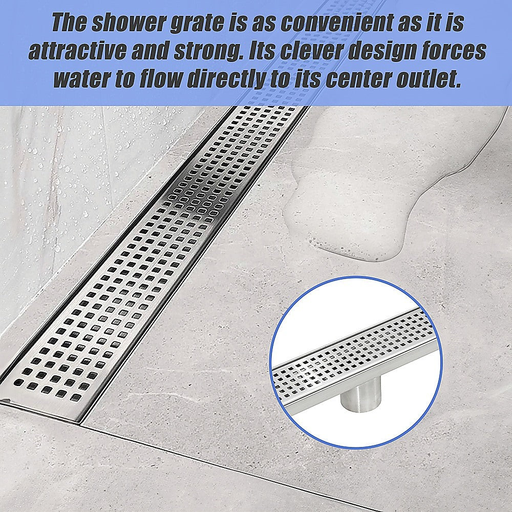 1200mm Stainless Steel Shower Drain Grate - Square Pattern with Center Outlet - Anti-Slip Bathroom Floor Waste Drain for Wet Rooms & Showers