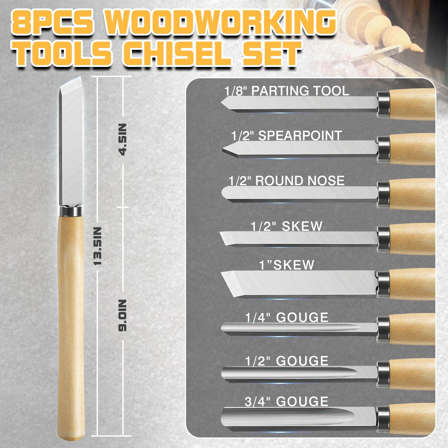 8-Piece Wood Lathe Chisel Set - Professional & Beginner Woodworking Tools for Turning, Carving & Shaping - Perfect for DIY Projects, Furniture Making & Crafting