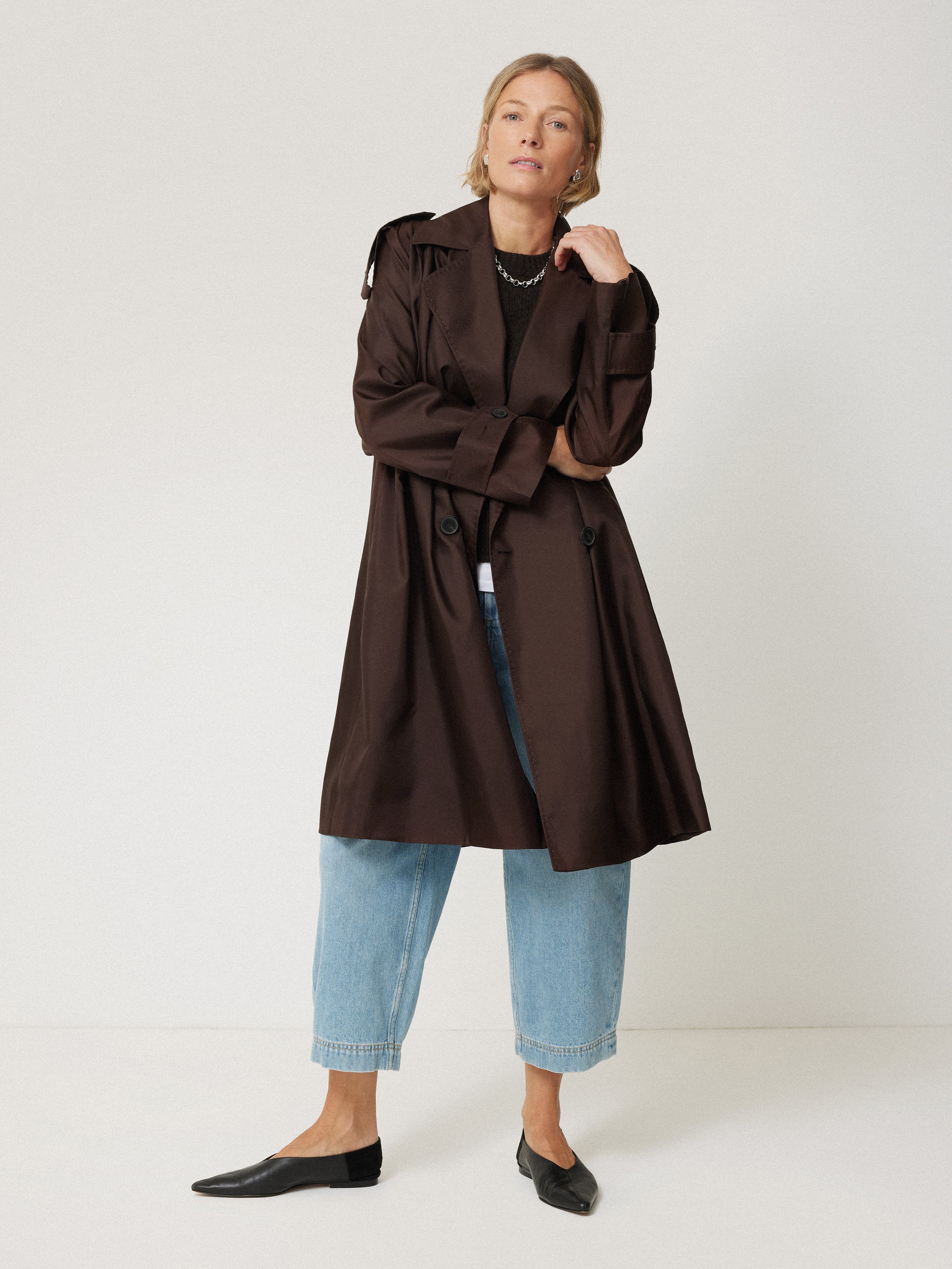 Luxury Pure Silk Trench Coat for Women - Elegant Chocolate Brown Long Coat | Perfect for Office Wear, Evening Events & Fall Fashion