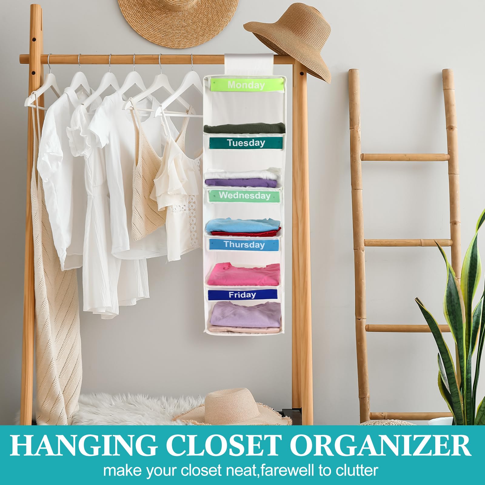 2 Pack Beige Collapsible Hanging Closet Organizers for Kids - Weekly Shelf Dividers for Clothes, Sweaters & Baseball Hats - Perfect for Dorm, Bedroom & Closet Storage (Space-Saving & Foldable)