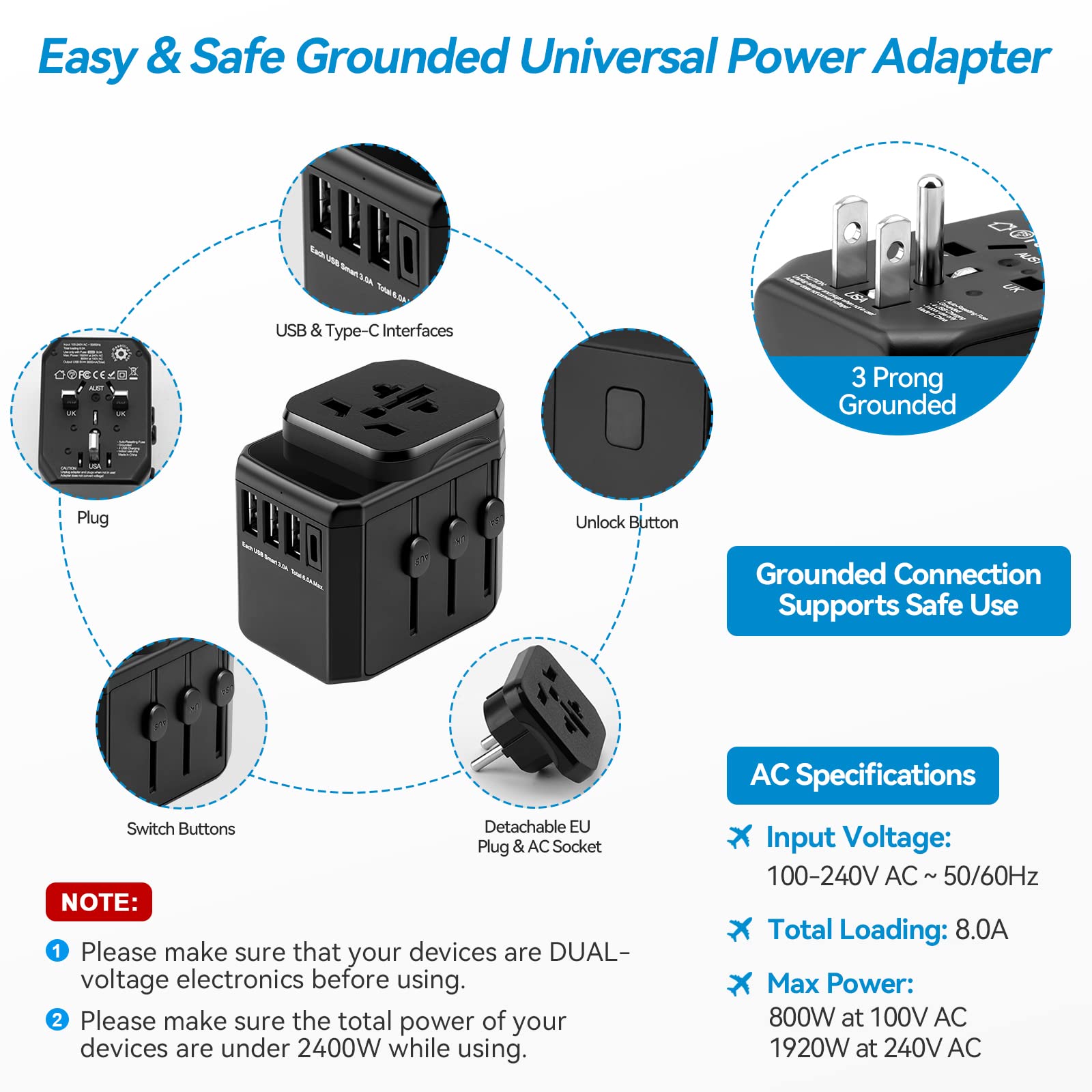 Universal Travel Adapter - Worldwide All-in-One Power Plug Converter for International Travel - Compact, Lightweight & Portable - Perfect for Business Trips, Vacations & Overseas Adventures (Black)