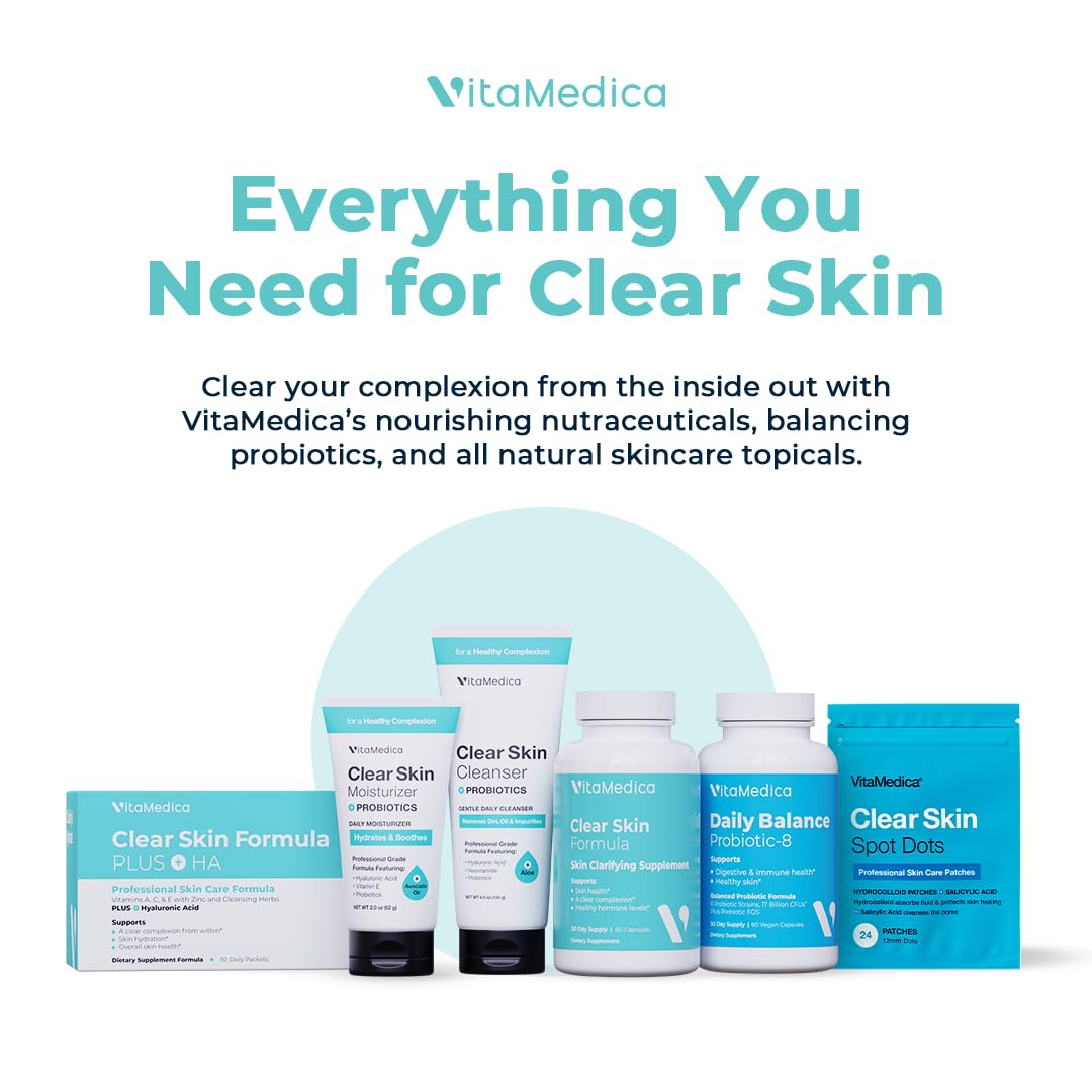 Vitamedica Clear Skin Formula with Hyaluronic Acid - 30-Day Supply of Daily Skin Care Supplement Packets for Acne & Blemish Control - Perfect for Teenagers & Adults with Oily or Problem Skin