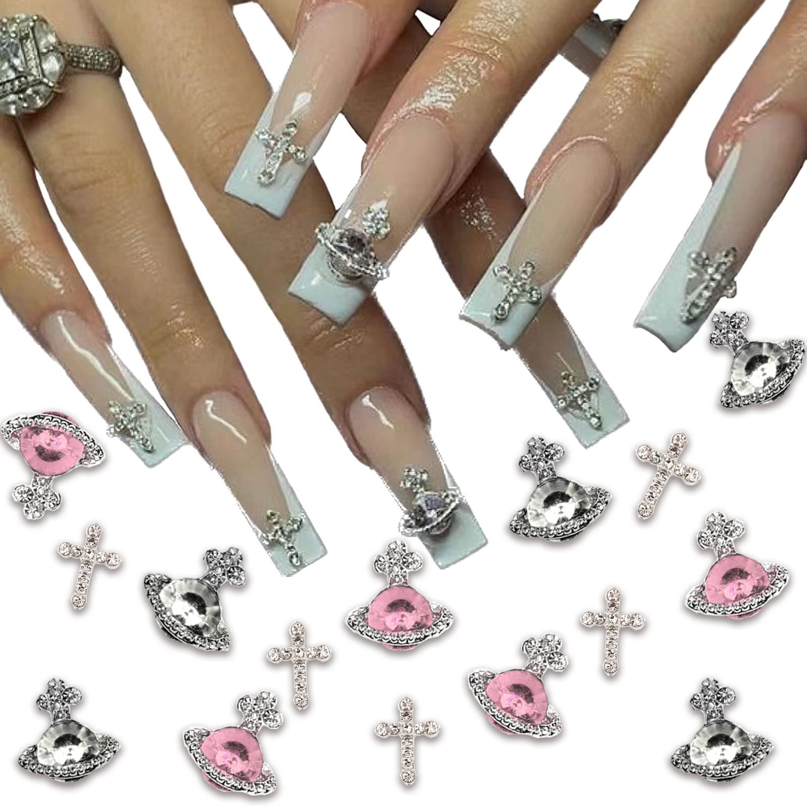 25 PCS 3D Planet Nail Art Charms with Rhinestones - White & Pink Saturn Design Shiny Nail Gems, Acrylic Nail Jewelry for Women - Perfect for Nail Salon, DIY Manicure, Party Nail Decorations