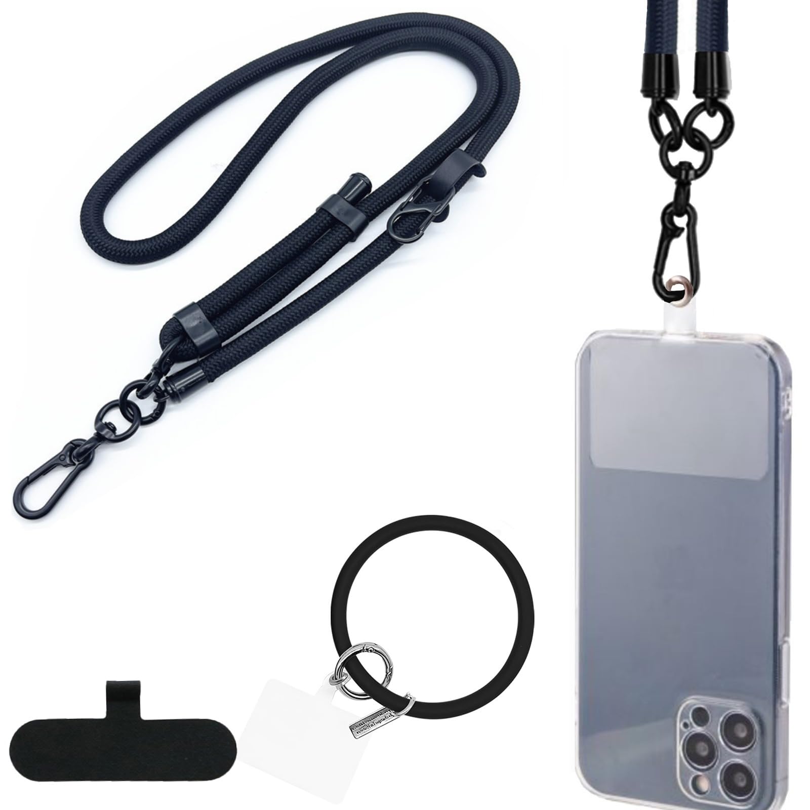 Adjustable Nylon Phone Lanyard with Wrist Strap - 10mm Crossbody Neck Strap for Smartphones - Includes 2 Phone Spacers & Phone Charms (Black) | Perfect for Hands-Free Use at Work, Travel, Shopping & Events