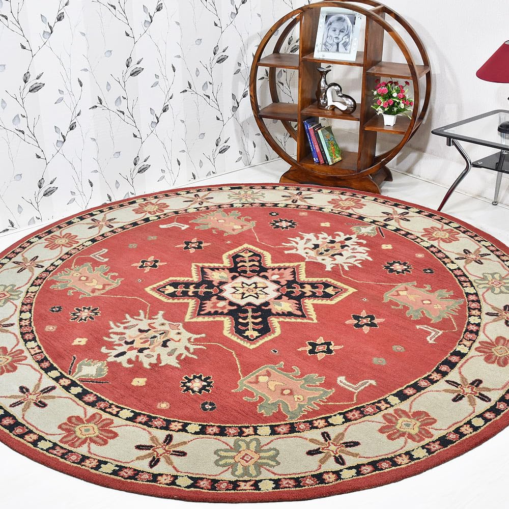 Hand Tufted Wool Eco-Friendly Round Area Rug 6'x6' - Red & Cream Oriental Traditional Design, High Pile Thick Non-Slip Handmade Rug (K00535) for Living Room, Bedroom & Home Decor