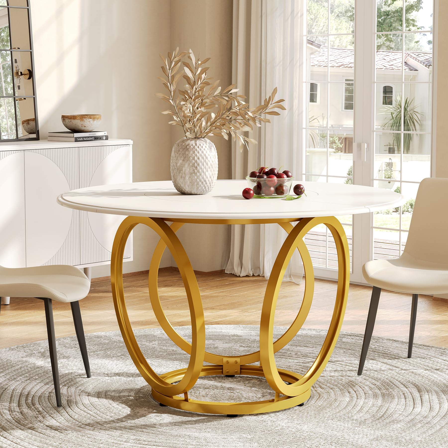 Modern White Round Dining Table for 4 - 47 Inch Kitchen Table with Gold Metal Base | Perfect for Small Spaces, Breakfast Nooks & Contemporary Dining Rooms