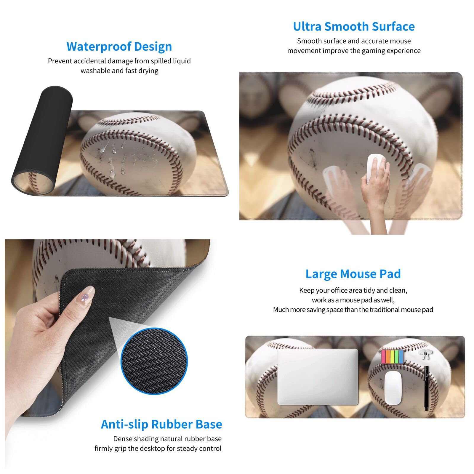 Cool Grey Baseball Print Mouse Pad - 11.8x31.5 Inches - Strong Adhesion, Durable & Non-Slip Surface - Perfect for Office Work, Gaming & Computer Use