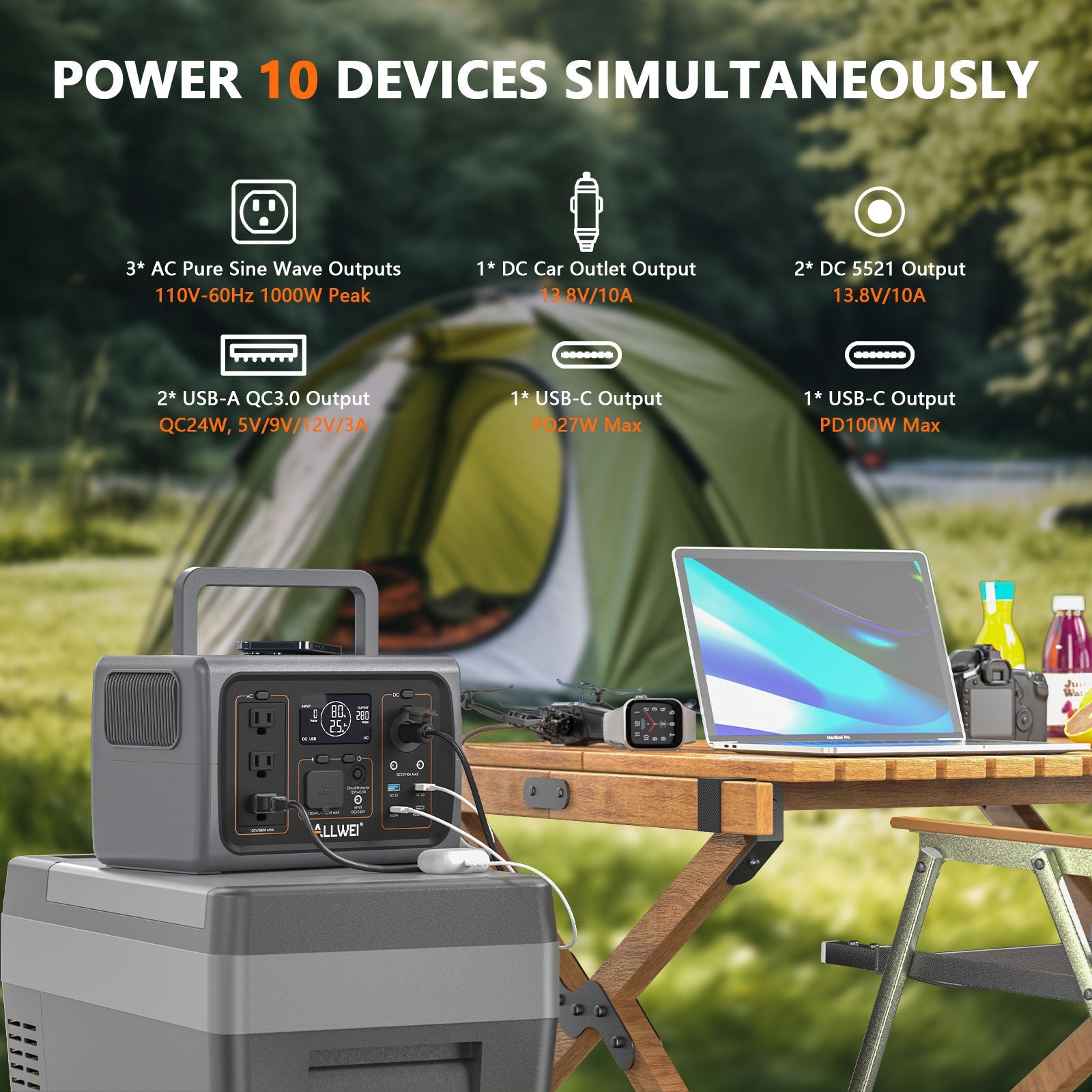 ALLWEI PPS600 500W Portable Power Station with 512Wh Capacity - Perfect for Camping, Outdoor Adventures, and Emergency Backup Power