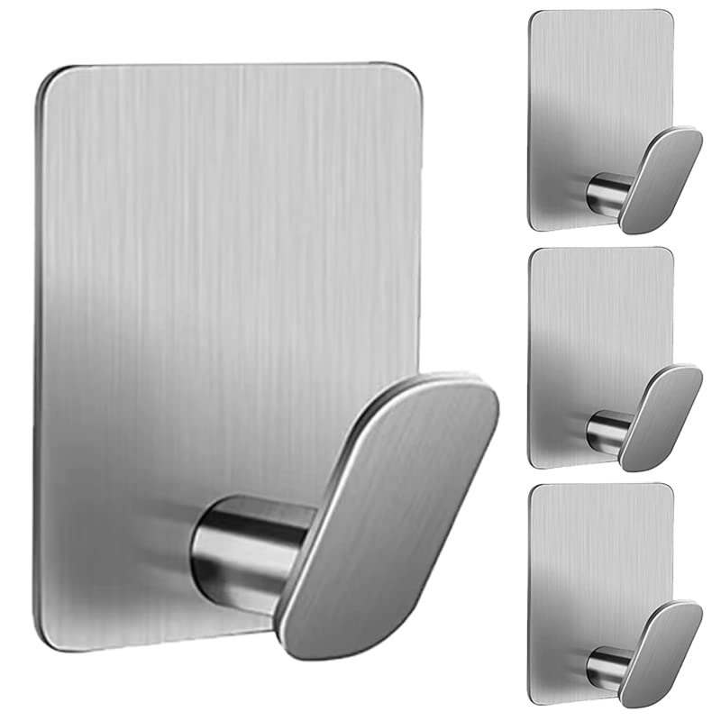 Stainless Steel Adhesive Wall Hooks (4-Pack) - Heavy Duty Bathroom Towel Hooks for Hanging Clothes, Hats, Robes & Shower Accessories - Silver Utility Hooks for Home, Kitchen & Dorm Organization