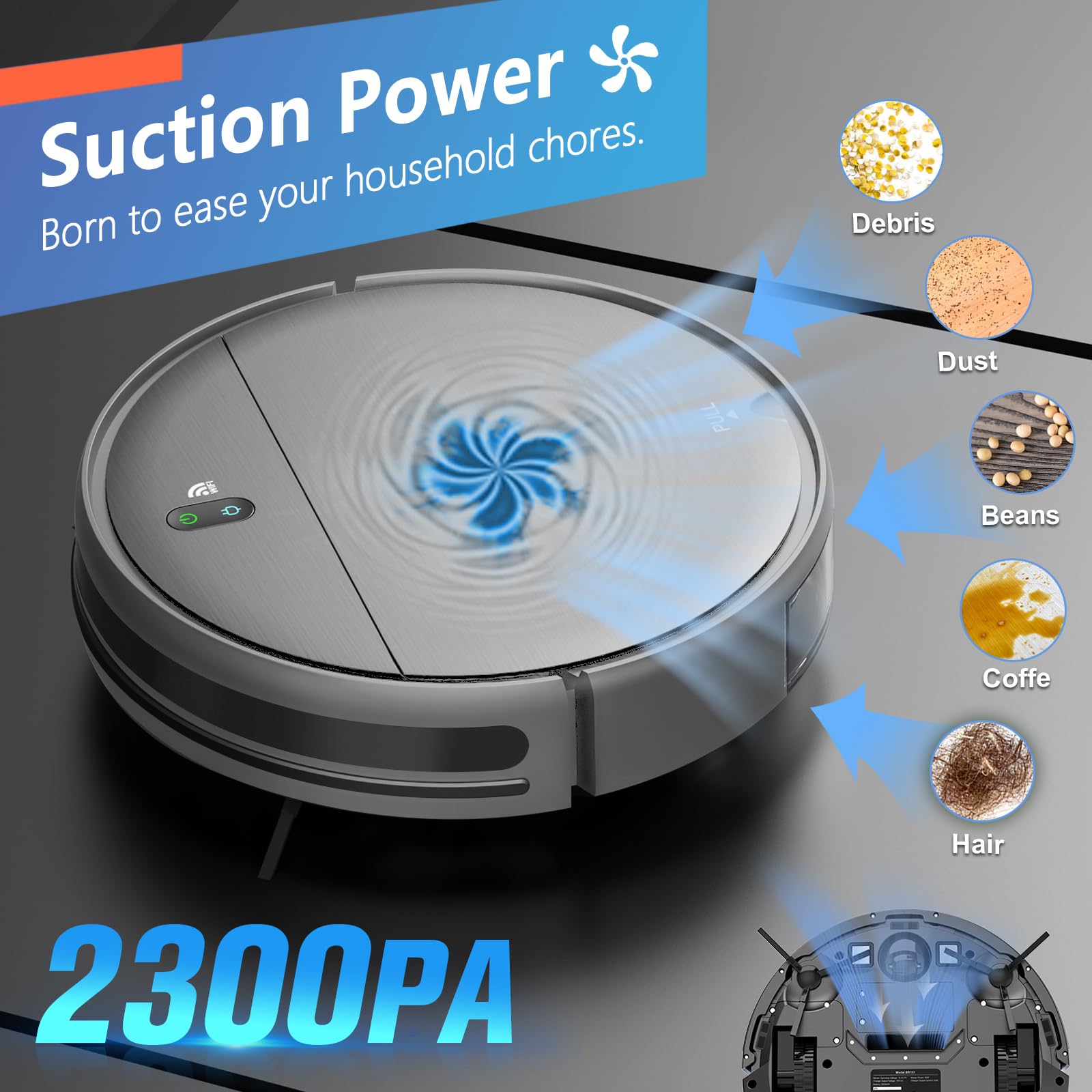 Smart Robot Vacuum and Mop 2-in-1 - WiFi/App & Voice Control, Self-Charging, Slim Design with Water Tank & Dustbin - Perfect for Hard Floors, Pet Hair, Carpets - Ideal for Home Cleaning & Pet Owners