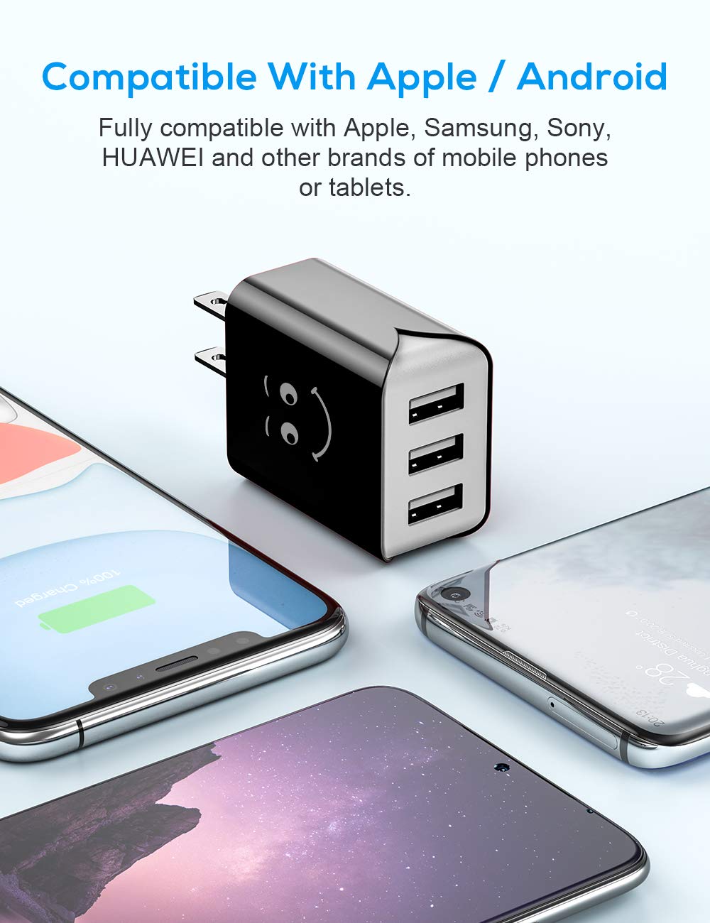 3-Pack Fast USB Wall Charger Block 3.1A 3-Port UL Certified - Compatible with iPhone 14/13/12/11/X/8/7, iPad, Samsung Galaxy/Note - Perfect for Home, Office & Travel Charging Multiple Devices Simultaneously