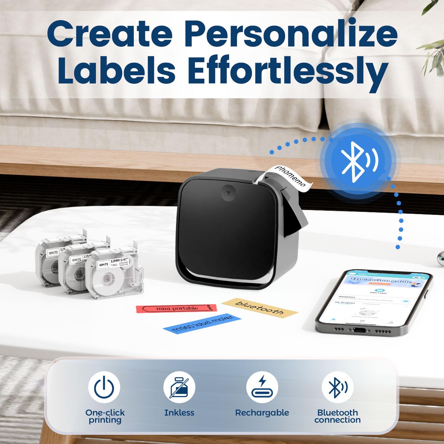 Phomemo M960 Bluetooth Label Maker - Mini Portable Label Printer with Rechargeable Battery, Easy to Use for Home, School, Office & Business Organization (Black) | Perfect for DIY Crafts, Pantry Labels & File Organization