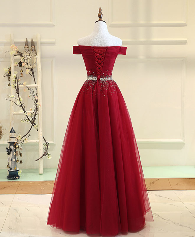 Elegant Burgundy Tulle Off-Shoulder Long Prom Dress - Formal Evening Gown for Homecoming, Wedding, and Special Occasions
