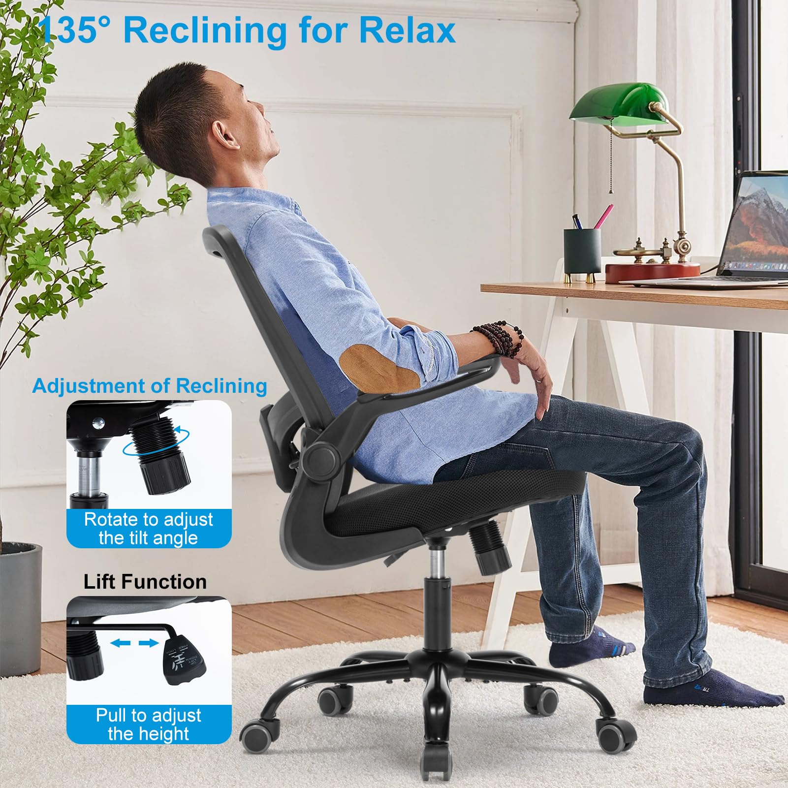 Ergonomic Mesh Office Chair with Adjustable Lumbar Support - Swivel Rolling Computer Desk Chair for Home Office, Study Room & Bedroom - Comfortable Executive Chair for Adults & Students (Black) - Perfect for Long Work Hours & Online Classes