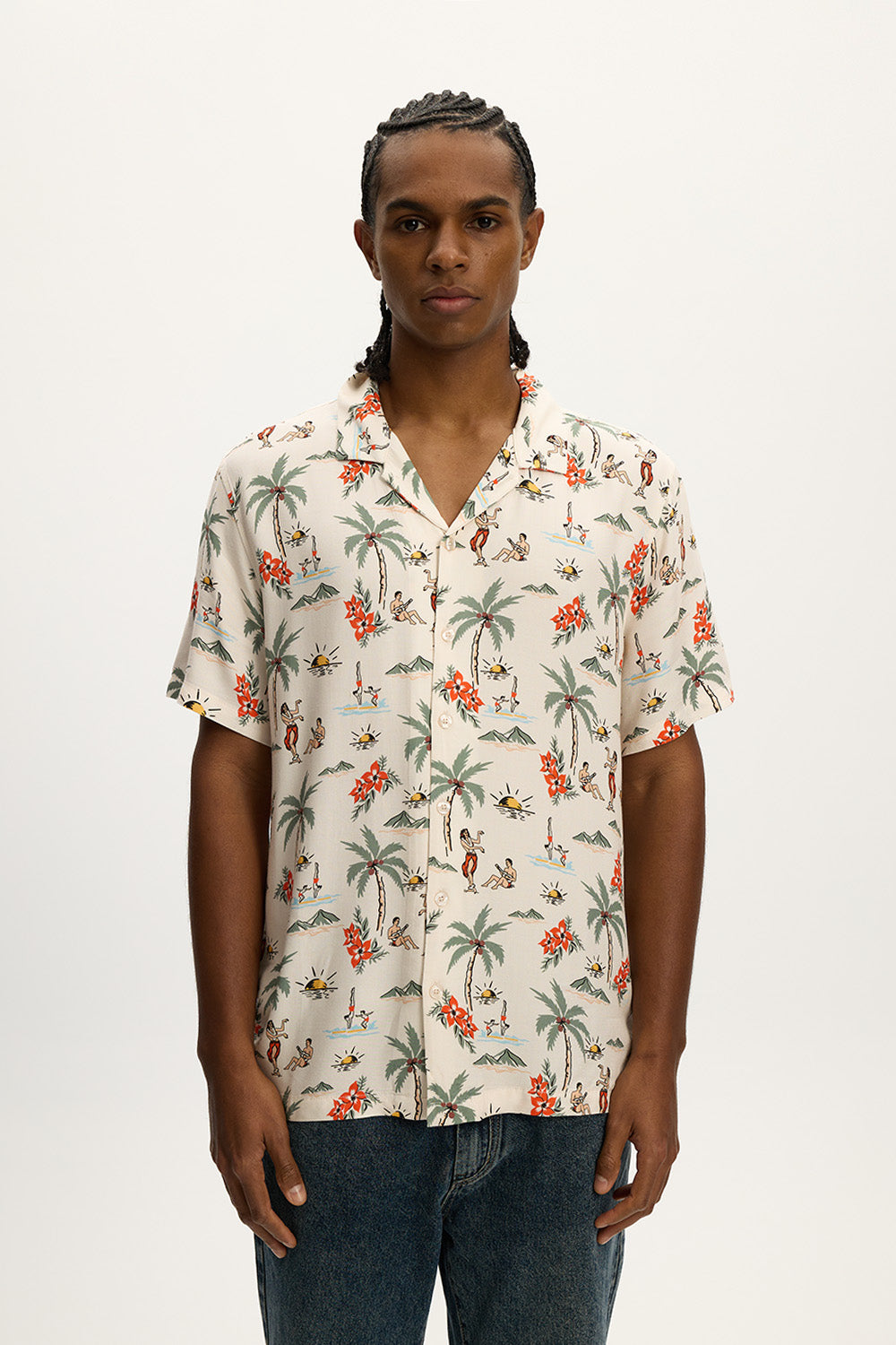 Hawaii AOP Boxy Beach Shirt for Men - Tropical Floral Print Short Sleeve Shirt for Summer Vacation, Beach Party, and Casual Outings
