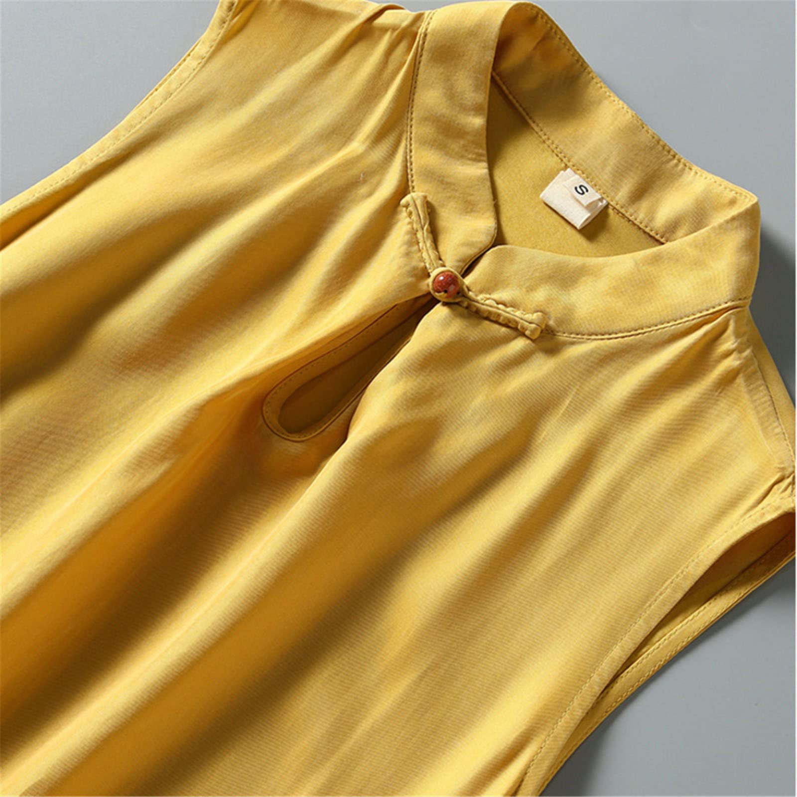Women's Summer Sleeveless Long Yellow Printed Qipao Vest Dress - Elegant Floral Chinese Style for Casual Wear, Beach Vacation & Special Occasions