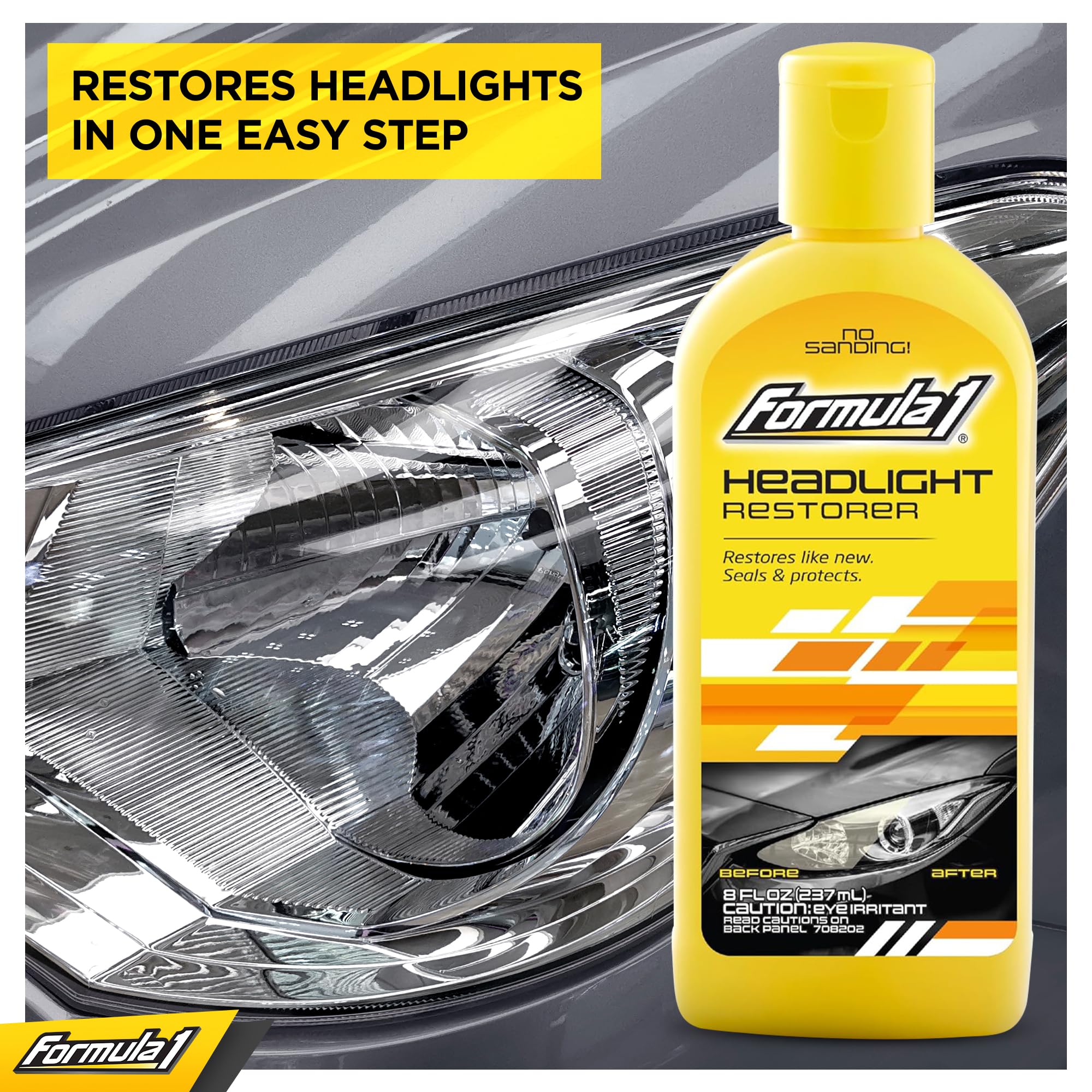 Formula 1 Headlight Restorer & Sealant – One Step Polish to Clean & Renew Yellowed Headlights, Windshields & Exterior Plastics (8 oz) – Restore Clarity for Night Driving & Vehicle Appearance