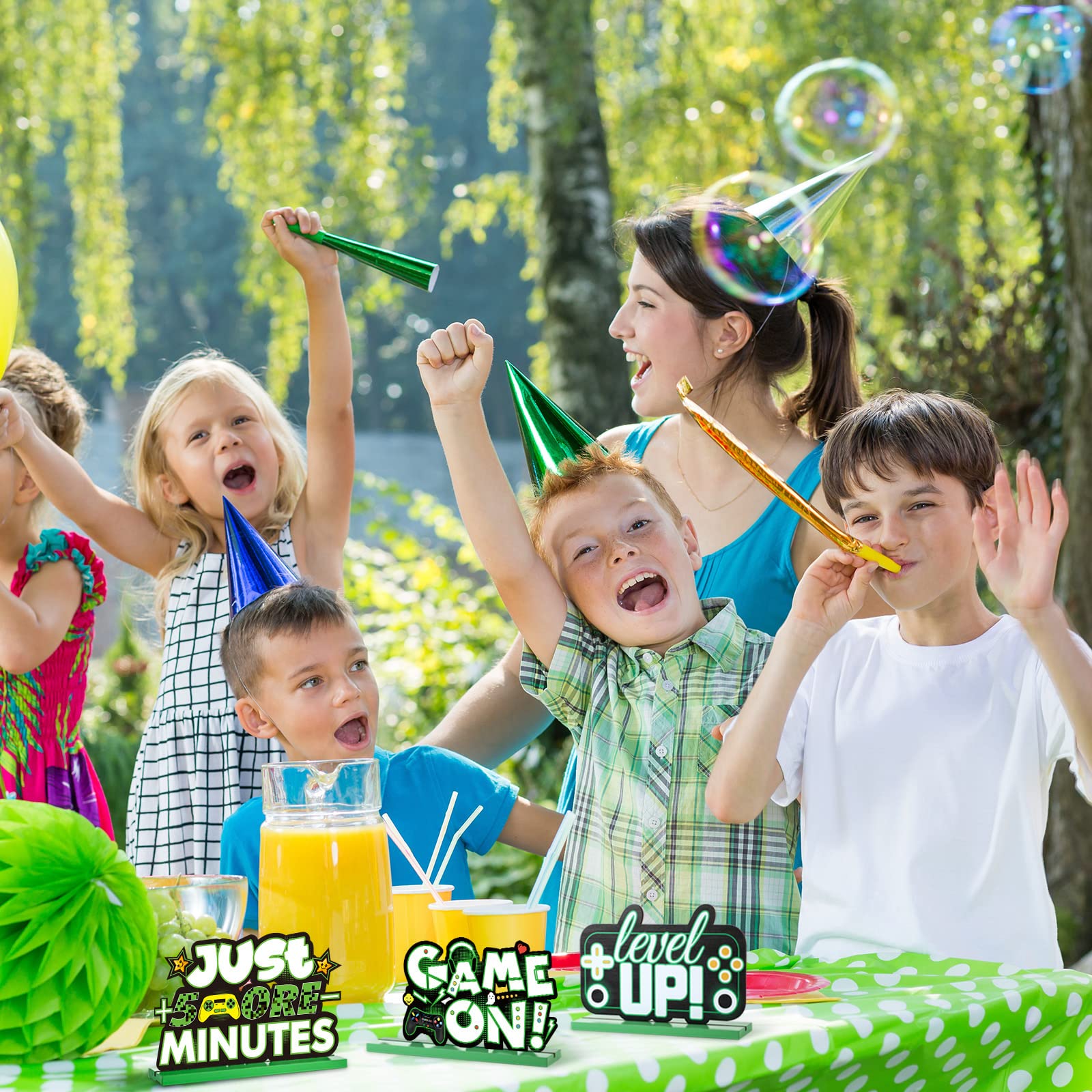 Frienda 3-Piece Wooden Video Game Party Decor Set - Level Up Birthday Banner, Pixel Art Table Signs & Gamer Centerpieces for Boys Kids Birthday Party (Green) | Perfect for Gaming Themed Parties, Streamer Events & Nerf Battle Decorations
