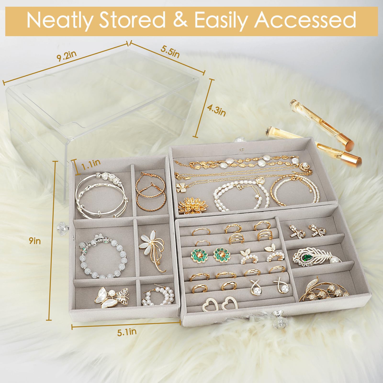 3-Drawer Clear Jewelry Organizer Box with Earring Holder - Stylish Jewelry Storage Case for Necklaces, Rings & Bracelets - Perfect Birthday Gift for Mom, Women & Girls - Great for Bedroom, Travel & Vanity Organizing