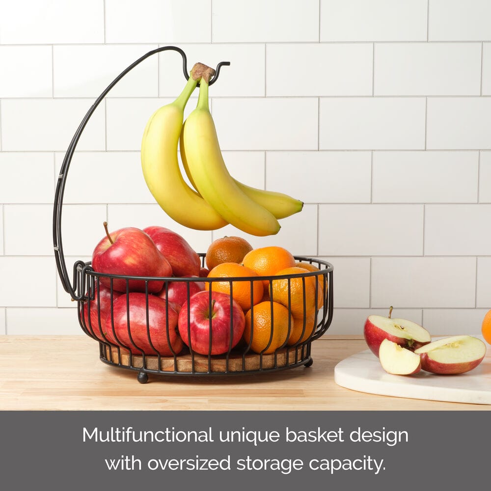 Savannah Fruit Storage Basket with Banana Hook - Natural Woven Basket for Organizing Fruits, Vegetables & Kitchen Essentials - Perfect for Countertop, Pantry & Farmhouse Decor