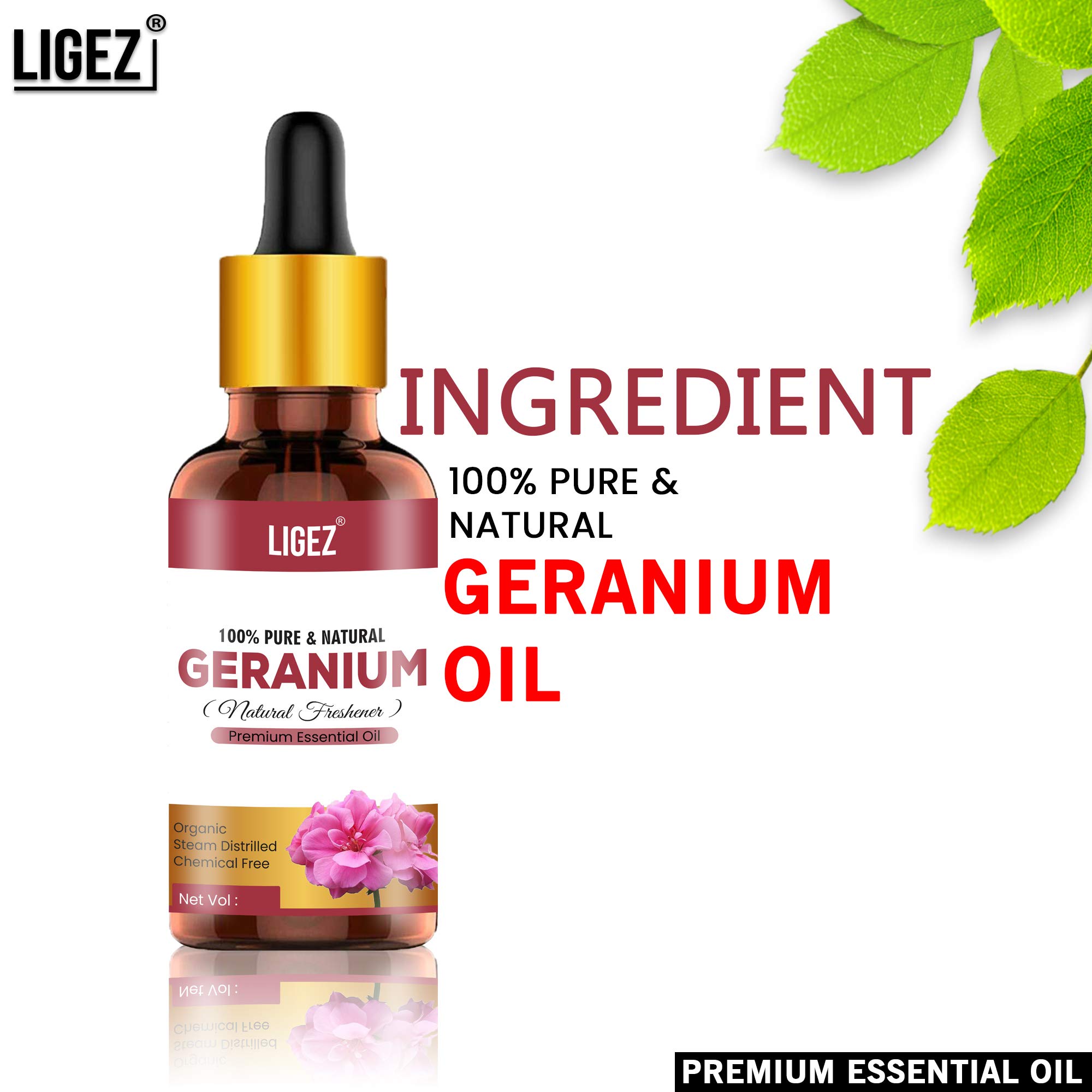 Ligez 100% Pure Geranium Essential Oil - 10ml Bottle for Aromatherapy, Skincare & Relaxation | Natural Stress Relief & Mood Enhancer