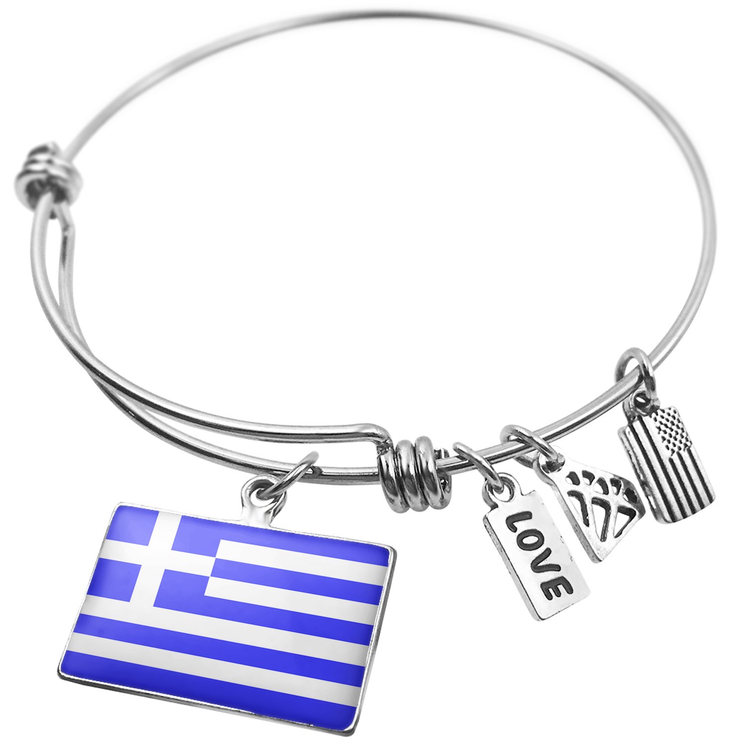 Expandable Wire Bangle Bracelet with Greece Flag Design - Adjustable Fashion Jewelry for Women, Perfect for Travel, Holidays and Greek-Themed Parties