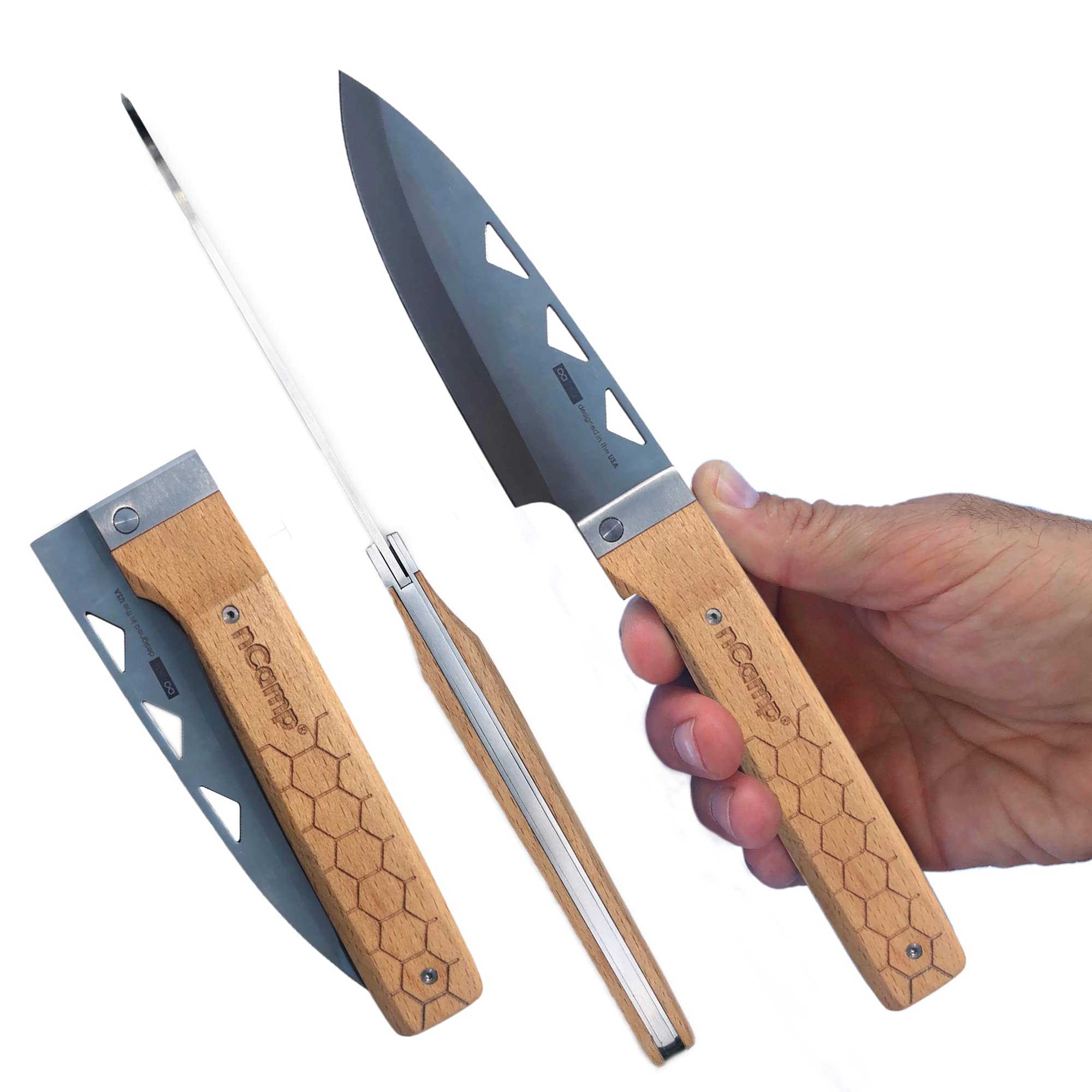 Premium nCamp Folding Chef Knife - 9CR18MOV Steel Blade with Wood Handle for Secure Grip | Western Utility & Outdoor Cooking Knife for Camping, Hiking & Kitchen Use