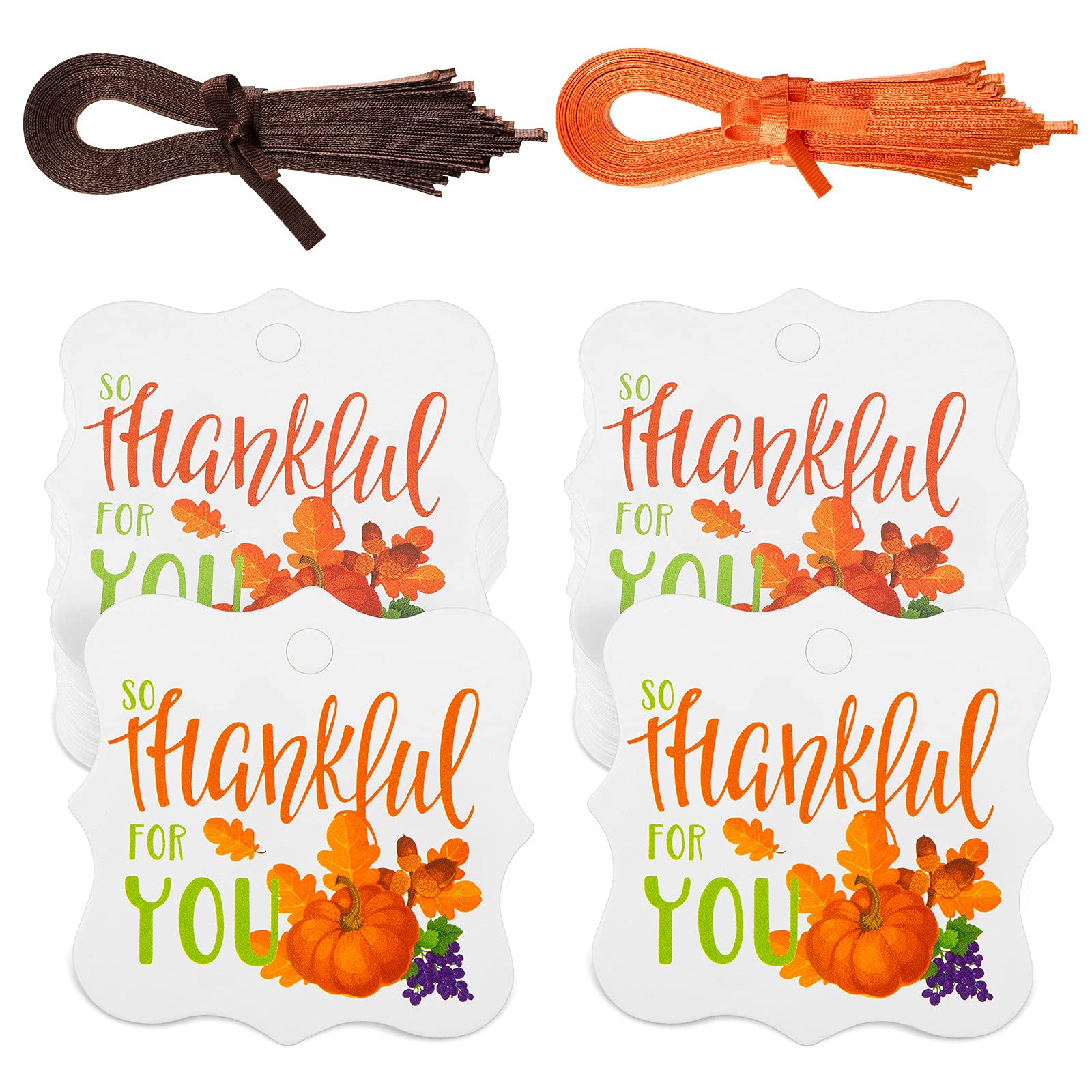 50 Pack Thanksgiving Paper Tags - Happy Thanksgiving Favor Tags with Rope, Autumn Decorative Hanging Labels for Fall Party Favors, DIY Crafts, Gift Wrapping & Table Setting (Pumpkin Design)