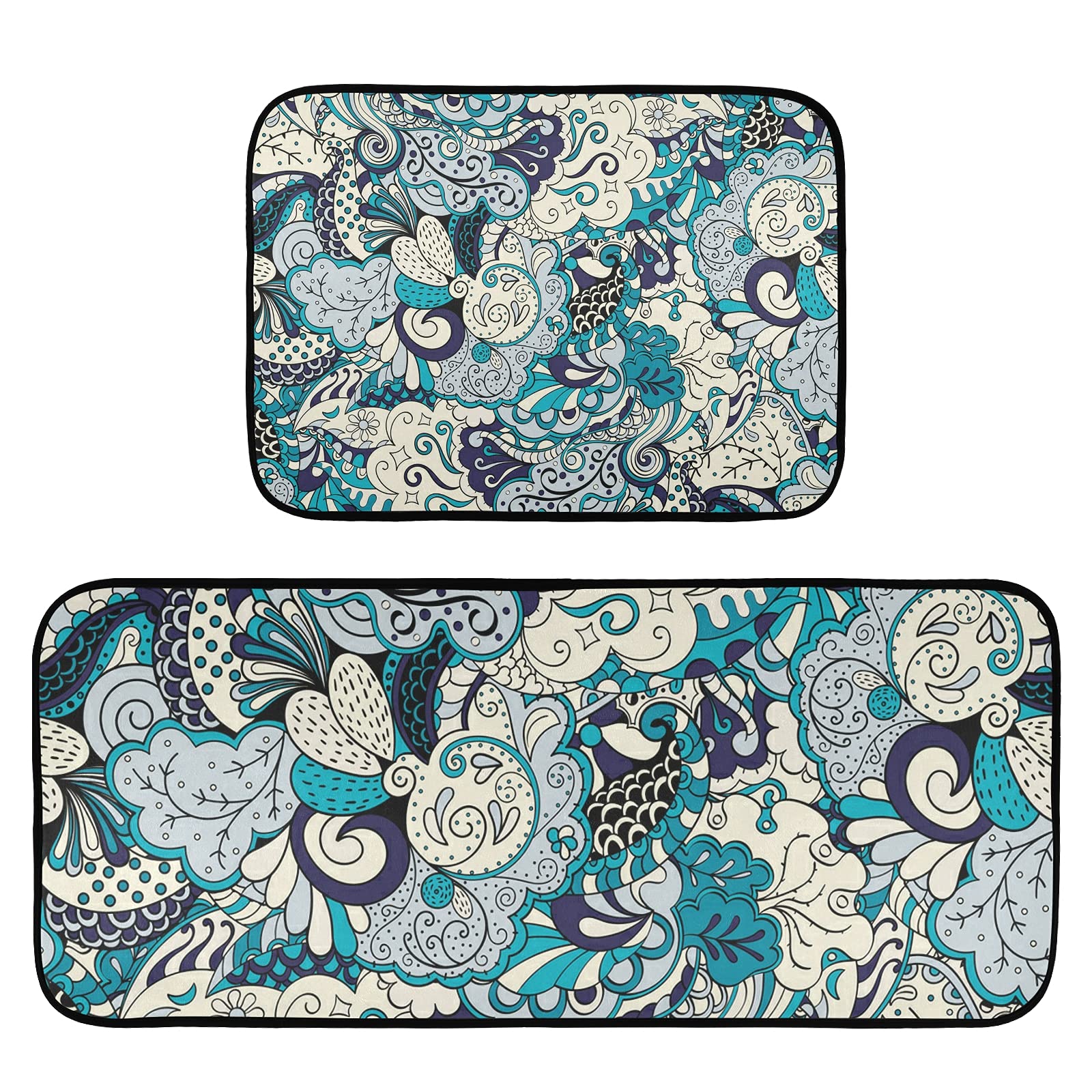 Mehndi Flora Anti-Fatigue Kitchen Mat Set of 2 - Non-Slip Waterproof Sink Floor Mats for Home Decor, Perfect for Standing Comfort in Kitchen and Laundry Areas