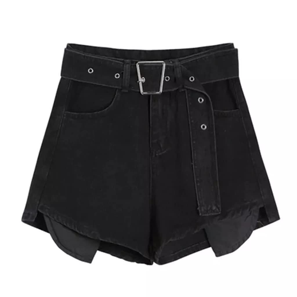 Vintage High Waist Wide Leg Women's Denim Shorts - A-line Casual Summer Jeans with Belt for Women (Black, Size M) | Perfect for Beach Outings, Street Style & Summer Fashion