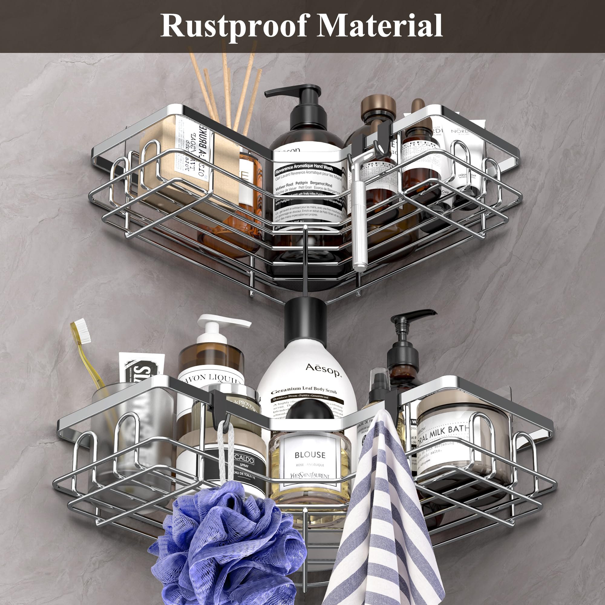 2 Pack Corner Shower Caddy Organizer with Hooks - Rustproof Metal Bathroom Shelf for Shampoo, Soap & Towels - Space Saving Storage Solution for Small Bathrooms & Showers