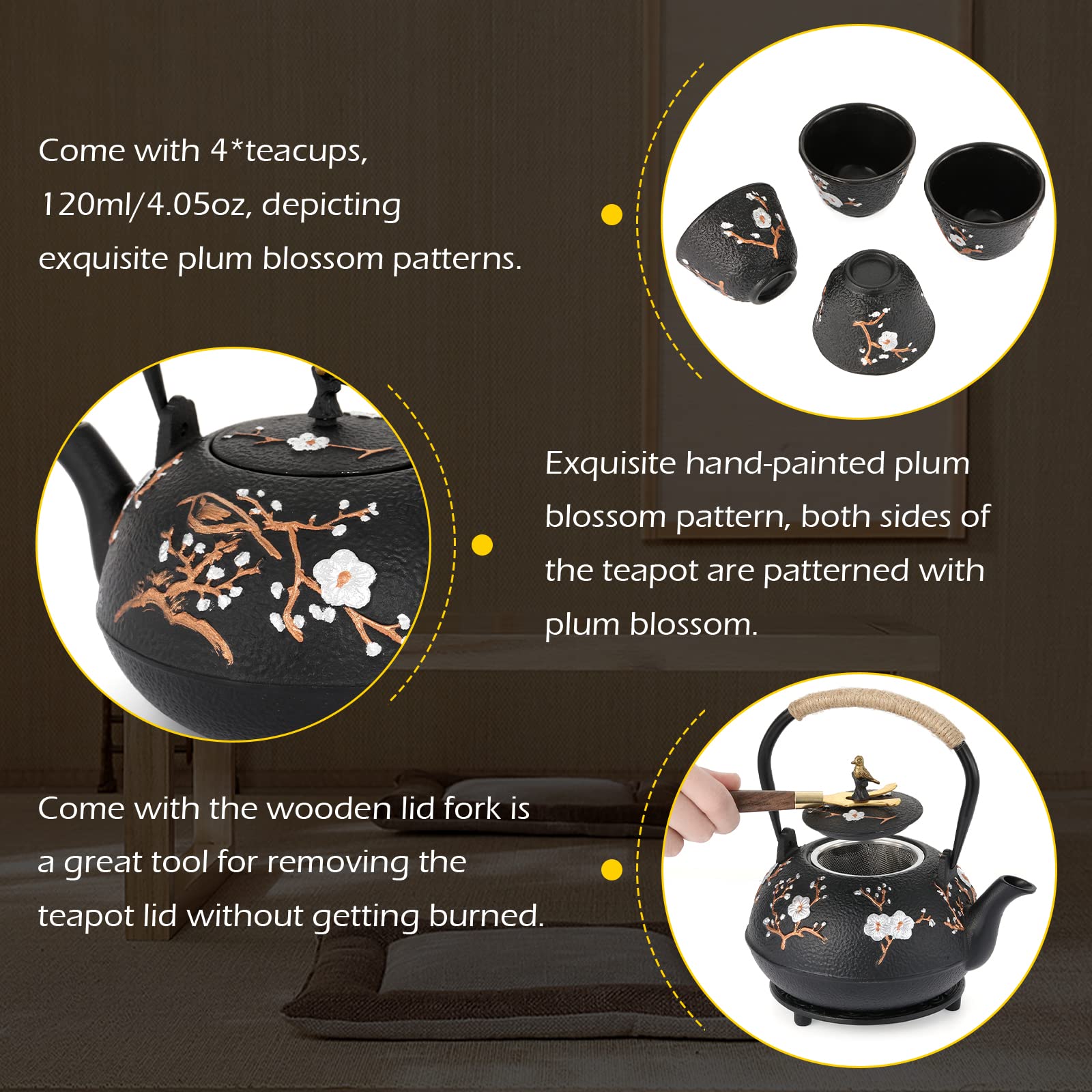 Premium Japanese Cast Iron Teapot Set with Infuser - 1200ml/40.6oz Traditional Tetsubin Tea Kettle & 4 Matching Cups - Authentic Japanese Style for Green Tea, Herbal Tea & Matcha - Perfect for Home, Office & Tea Ceremonies