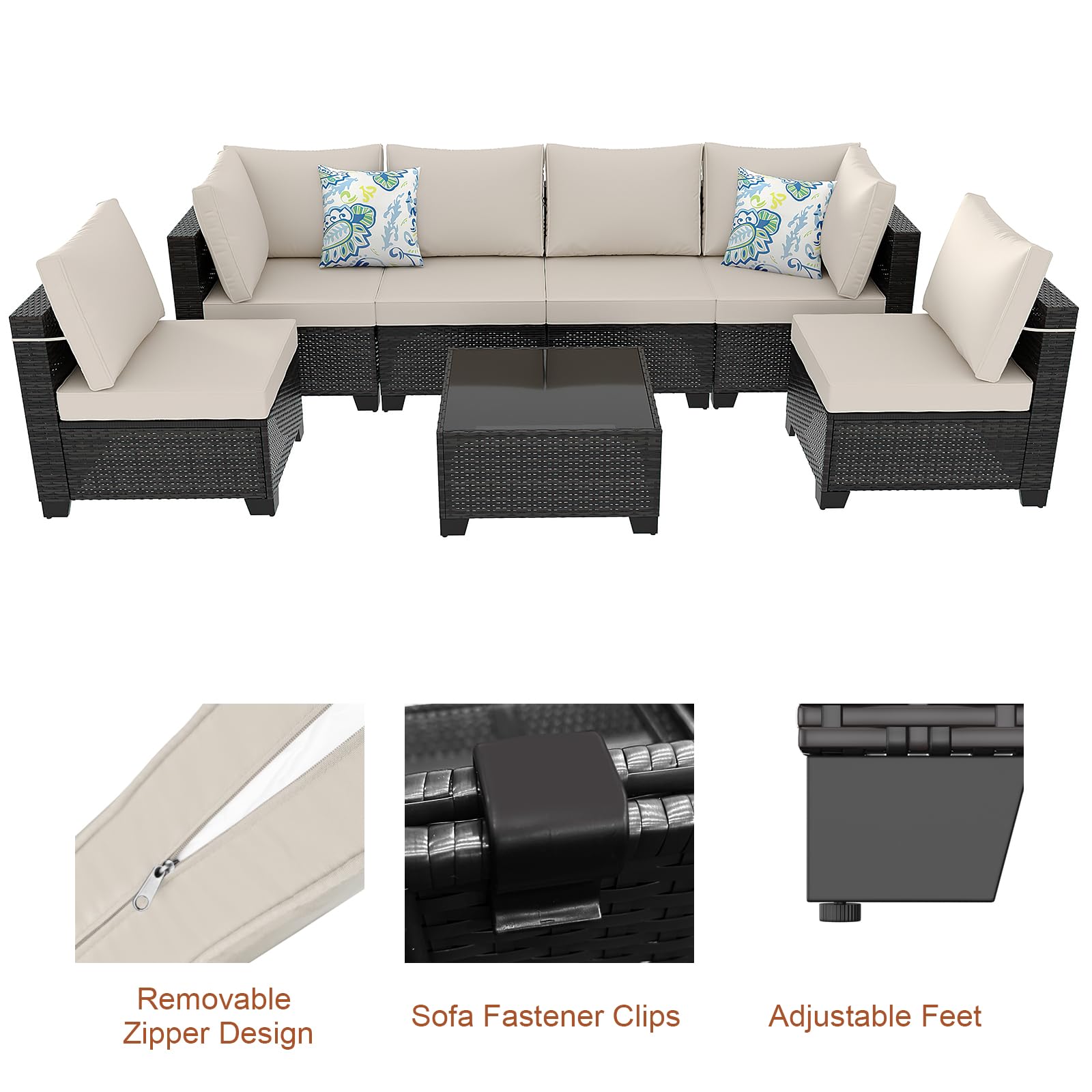 7-Piece Outdoor Wicker Sectional Sofa Set with Cushions - Patio Conversation Furniture for Garden, Backyard & Poolside - Brown/Beige Rattan Sofa for Relaxing & Entertaining
