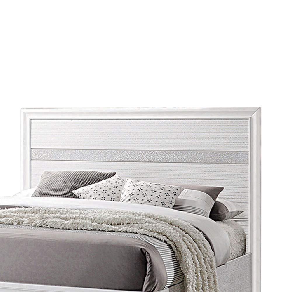 Benjara Contemporary Queen Size Bed Frame with Storage Drawers & Glittering Stripes - White Modern Bedroom Furniture for Master Bedroom or Guest Room