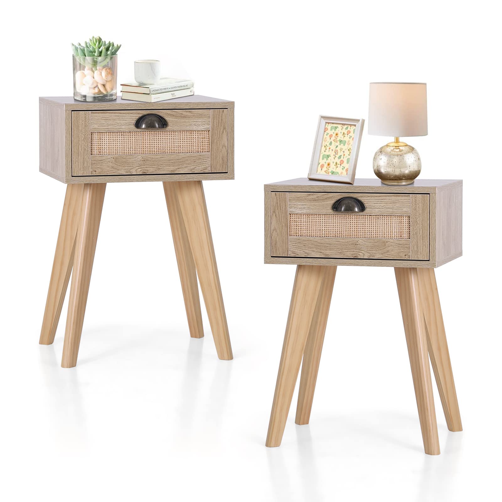 Sophia & William Rattan Nightstands Set of 2 - Natural Woven Rattan Bedside Tables with Wooden Drawer & Solid Wood Legs for Bedroom, Living Room, Small Space | Perfect for Farmhouse, Coastal & Boho Home Decor