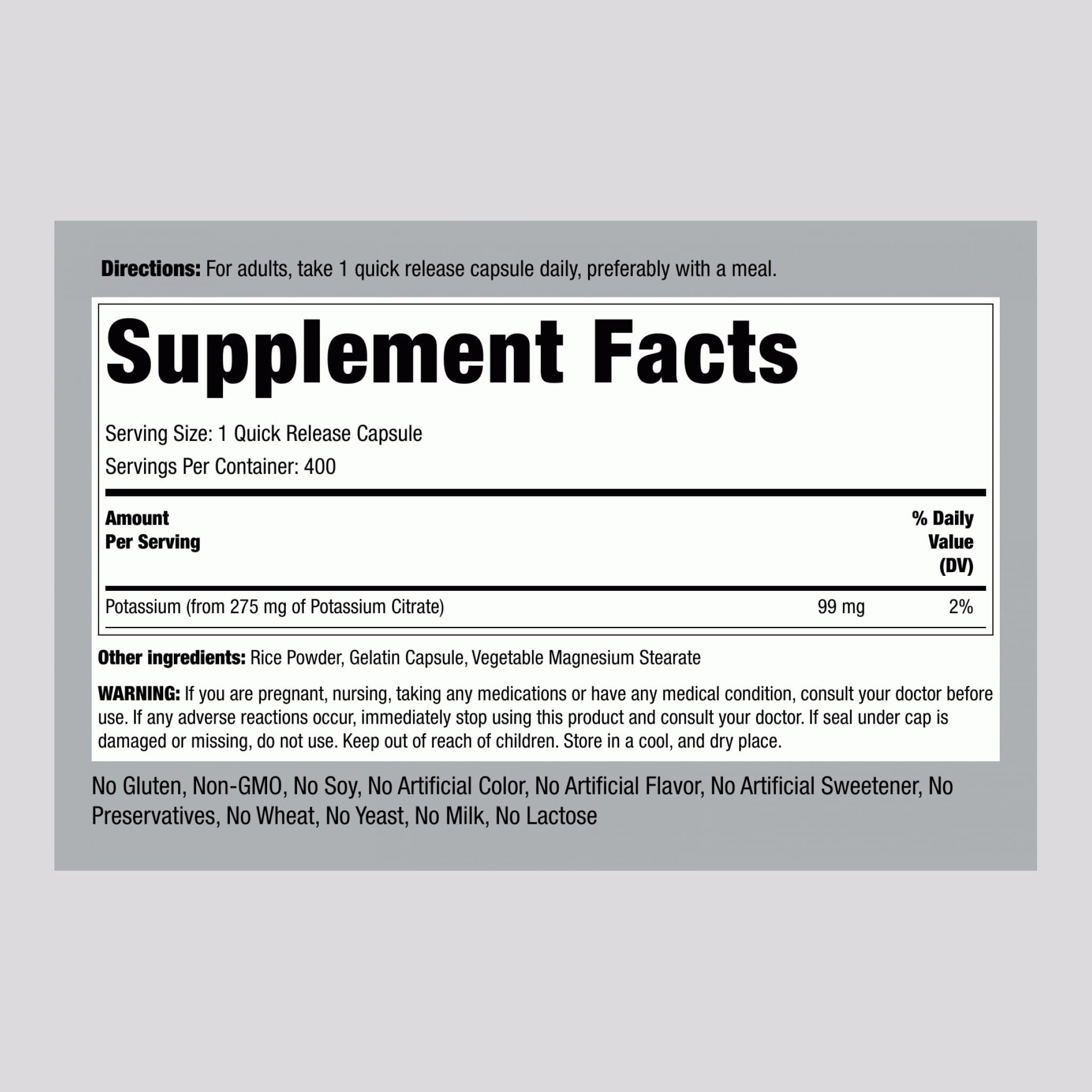 Piping Rock Potassium Citrate Supplement 275mg | 400 Capsules | Non-GMO, Gluten Free | Supports Heart & Muscle Function | Ideal for Athletes & Active Lifestyles