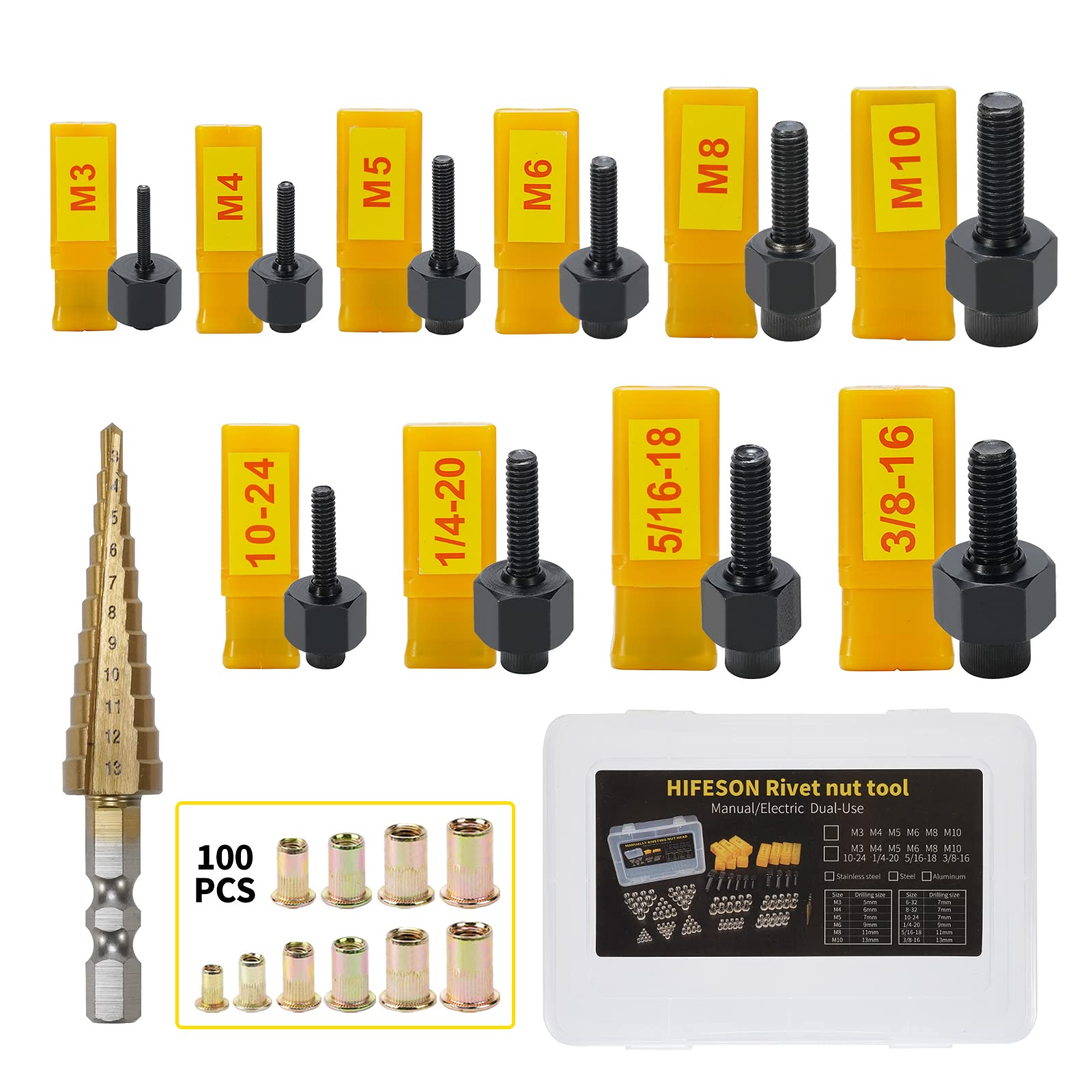 HIFESON Professional Rivet Nut Tool Kit - Handheld Riveter with Metric & SAE Sizes, Includes Step Drill Bit & 100-Piece Rivet Nuts Assortment - Perfect for Automotive, Metalworking, and DIY Home Repairs